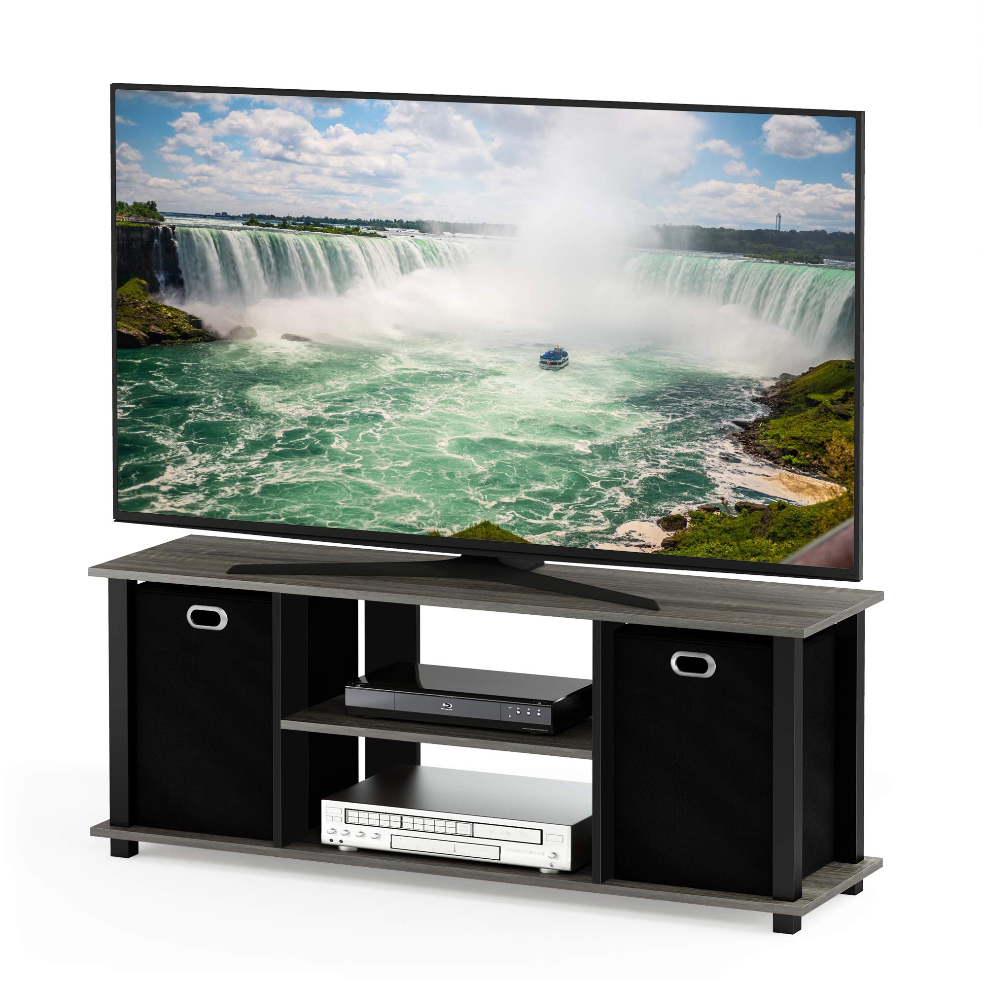 Furinno TV Entertainment Center, Wood, French Oak Grey/Black/Black, one size