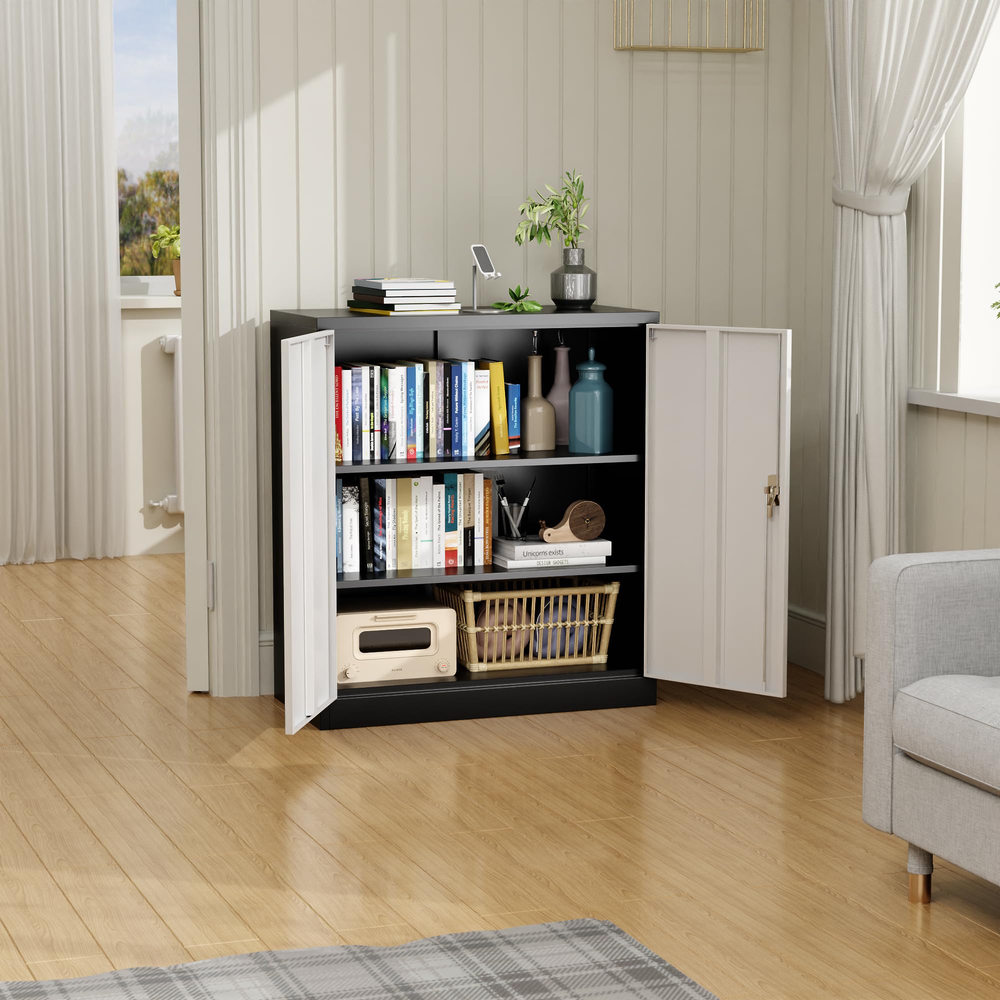 Metal Storage Cabinet with 2 Door and 3 Adjustable Shelves,140X80x40CM Steel Cabinet for Warehouse,Garage,Home,Office,Easy Assemble Required(Black/White)