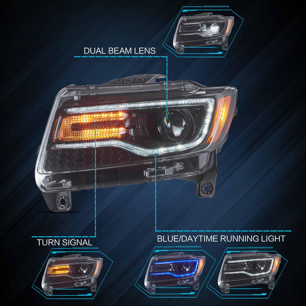 VLAND Headlights Compatible with Jeep Grand Cherokee 2014-2022, Front Light with Sequential Turn Signal and Blue Dynamic Startup DRL