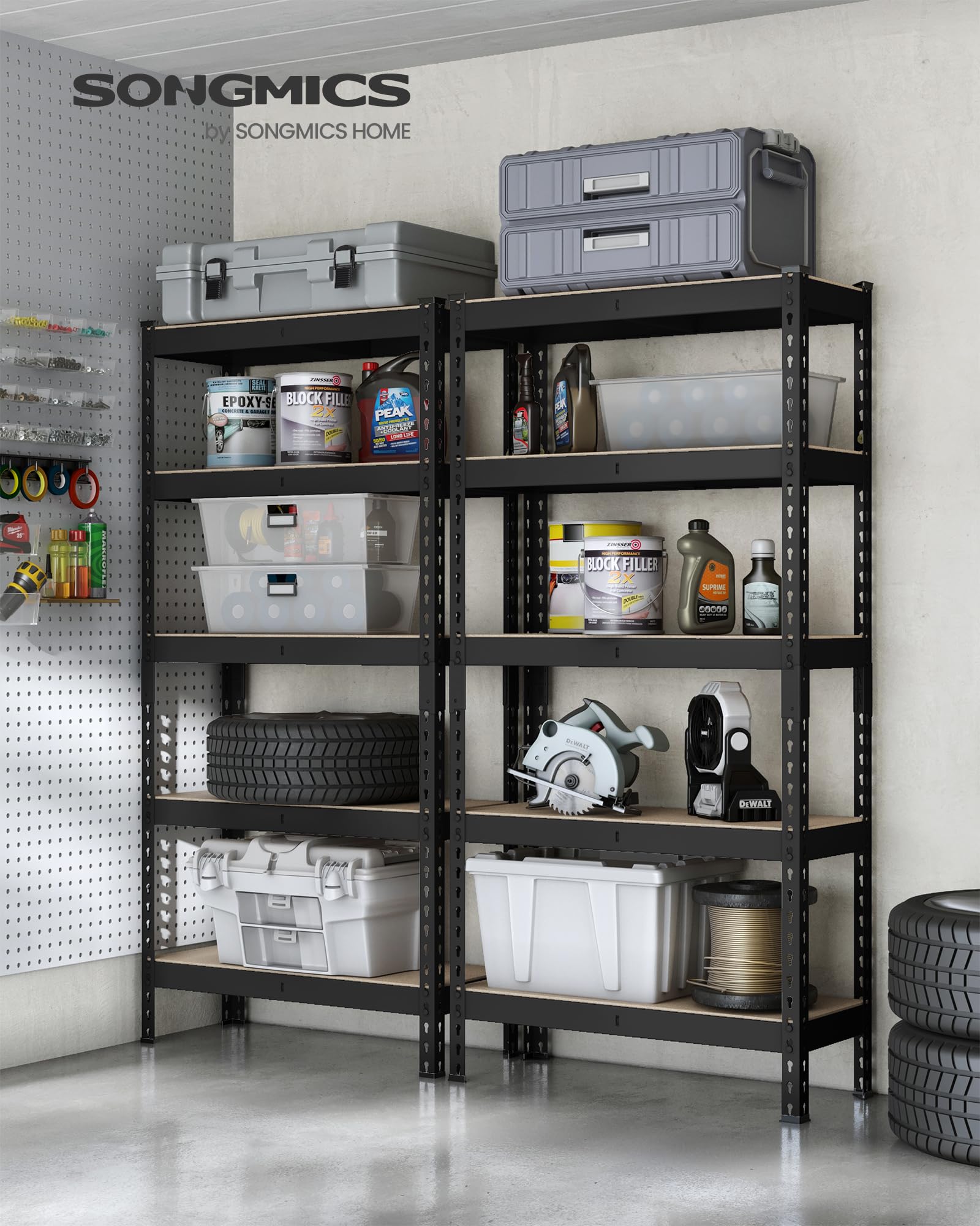 SONGMICS 5-Tier Shelving Unit, Storage Shelves, for Garage, Boltless Assembly, Adjustable Shelves, 30 x 75 x 150 cm, Load 875 kg, for Shed Warehouse Basement Kitchen, Black GLR300B01