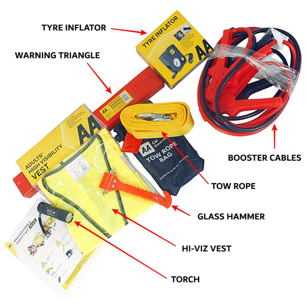 AA Vehicle Breakdown Safety Kit Plus AA5618 – Tyre Inflator, Warning Triangle, Tow Rope, Hi-Vis Vest, Torch, Glass Hammer, Booster Cables, Storage Bag