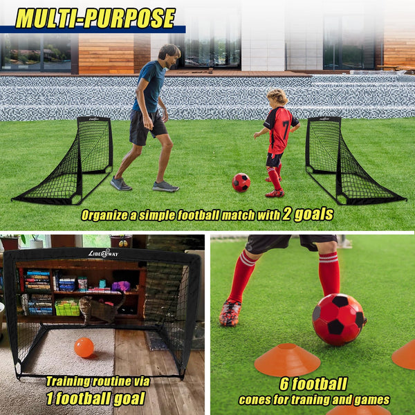 Football Goals for Kids, 4'x 3' Foldable Football Net Set of 2 Post with 6 Football Cones, 8 U-shaped Steel Nails and Carry Bag, Football Training