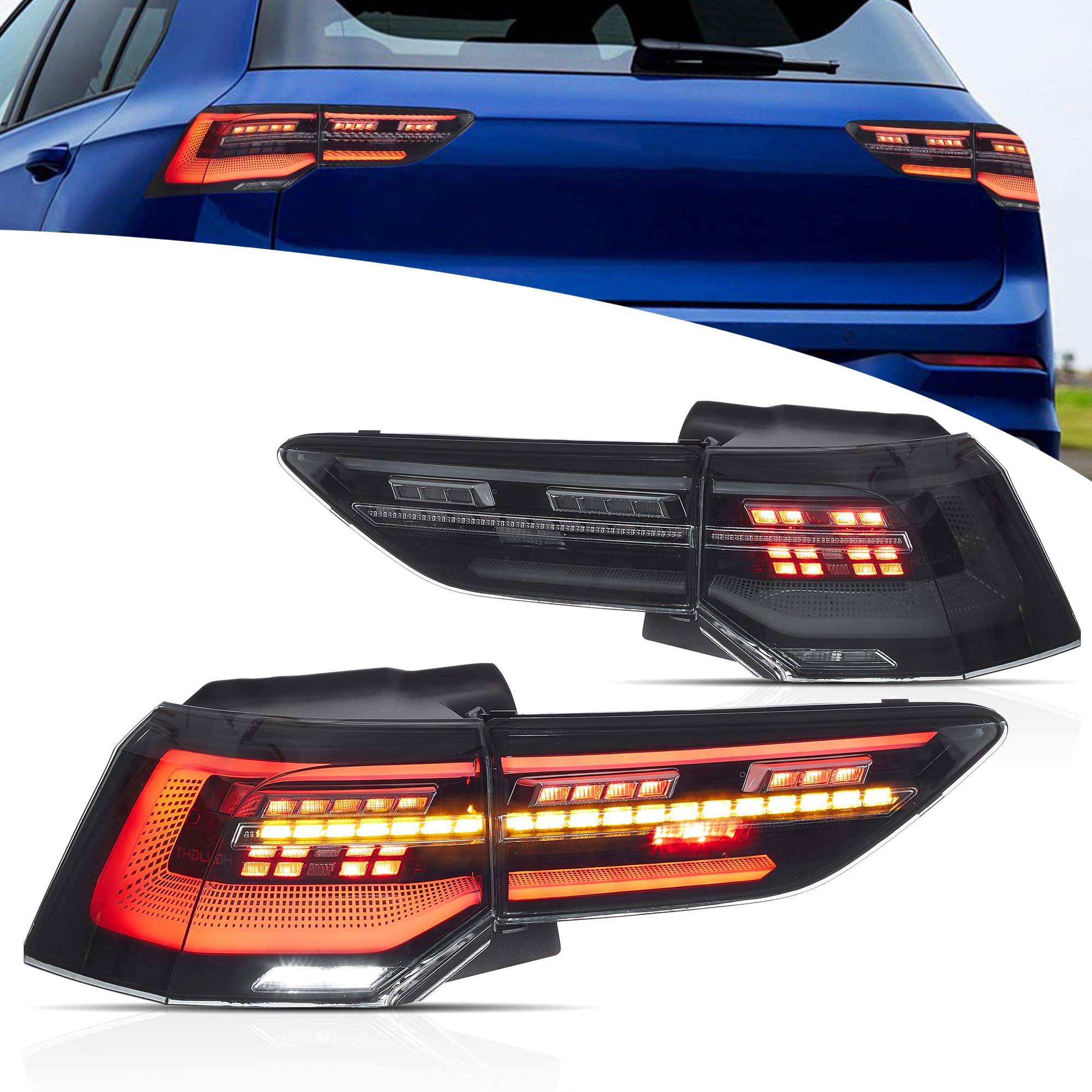 VLAND LED Rear Lights compatible with Golf MK8 Golf 8 2020-2023, w/Amber Sequential Indicator, Driver & Passenger Side - Smoked