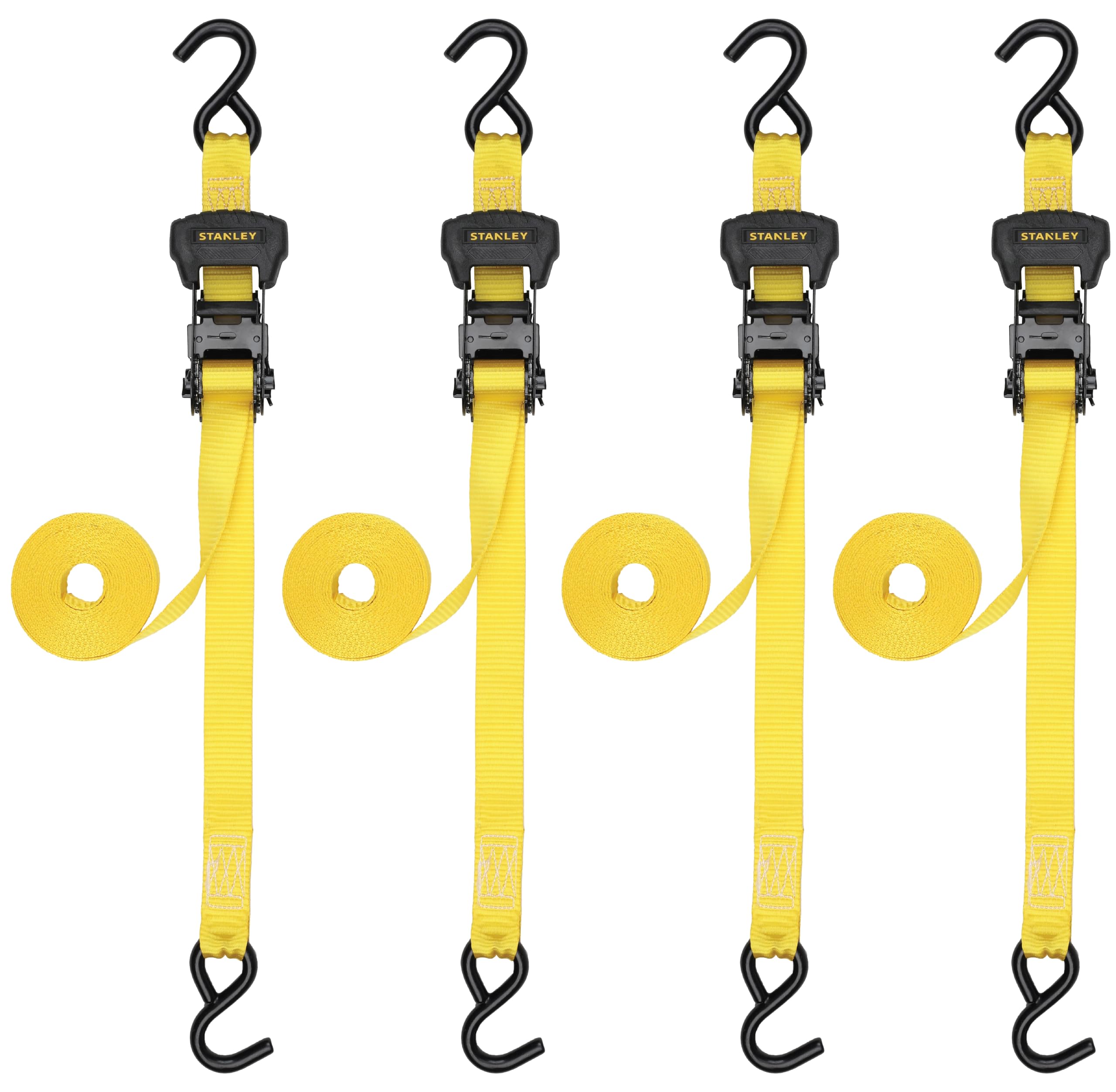 STANLEY S1007 Black/Yellow 1.5" x 16' Ratchet Tie Down Straps - 1,100 lb Safe Working Load / 3,300 lb Break Strength, 2 Pack