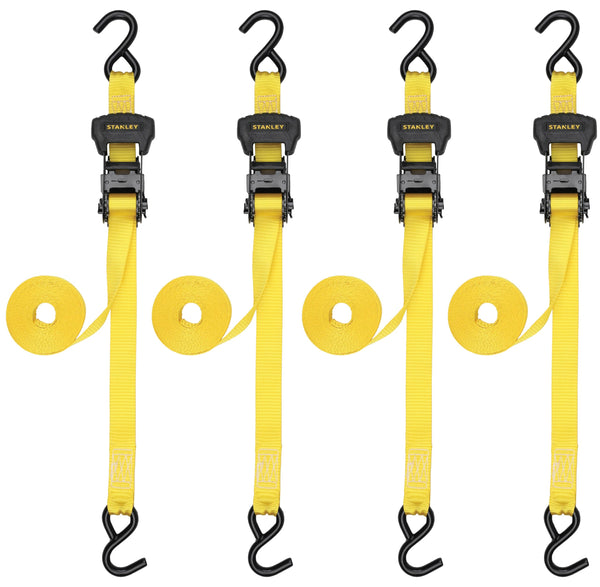 STANLEY S1007 Black/Yellow 1.5" x 16' Ratchet Tie Down Straps - 1,100 lb Safe Working Load / 3,300 lb Break Strength, 2 Pack