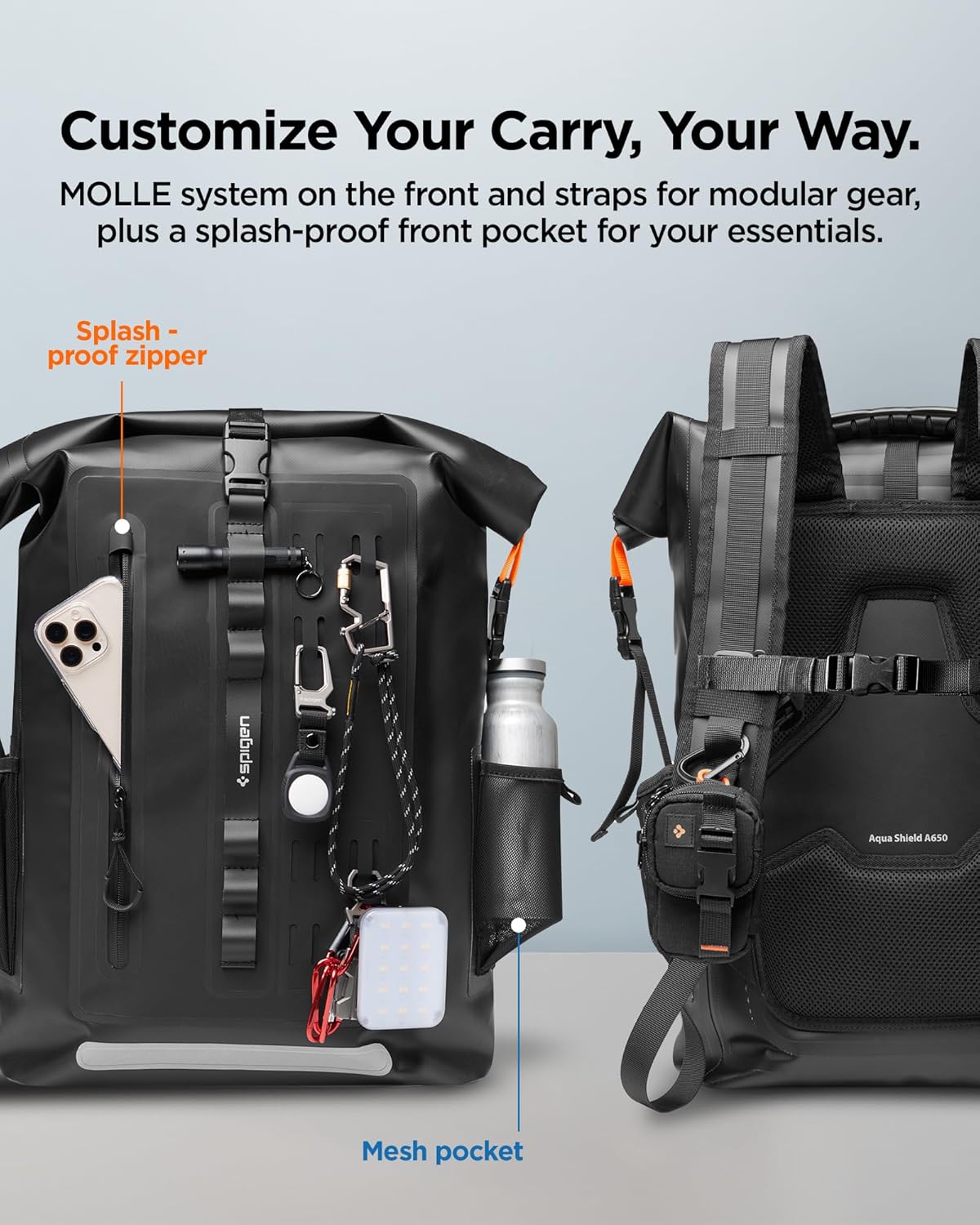 Spigen Waterproof Backpack IPX6 35L Roll Top Travel Rucksack Fits up to 16 Inch Laptop, Multi-Compartment Bag Ventilated Back, Chest Strap Hiking, Camping, Swimming, Canoeing, Fishing – Black