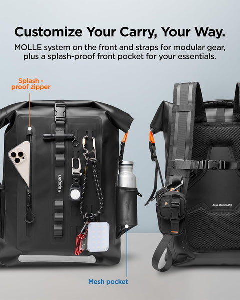 Spigen Waterproof Backpack IPX6 35L Roll Top Travel Rucksack Fits up to 16 Inch Laptop, Multi-Compartment Bag Ventilated Back, Chest Strap Hiking, Camping, Swimming, Canoeing, Fishing – Black