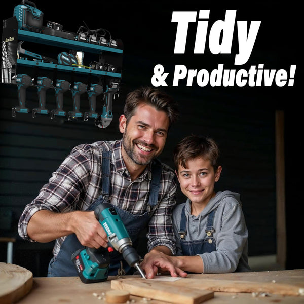 Toolganize Power Tool Organiser, Storage Rack with Power Strip Charging Station, Heavy-Duty for Workshop & Garage Tools - 4 Slot, Milwaukee Red.