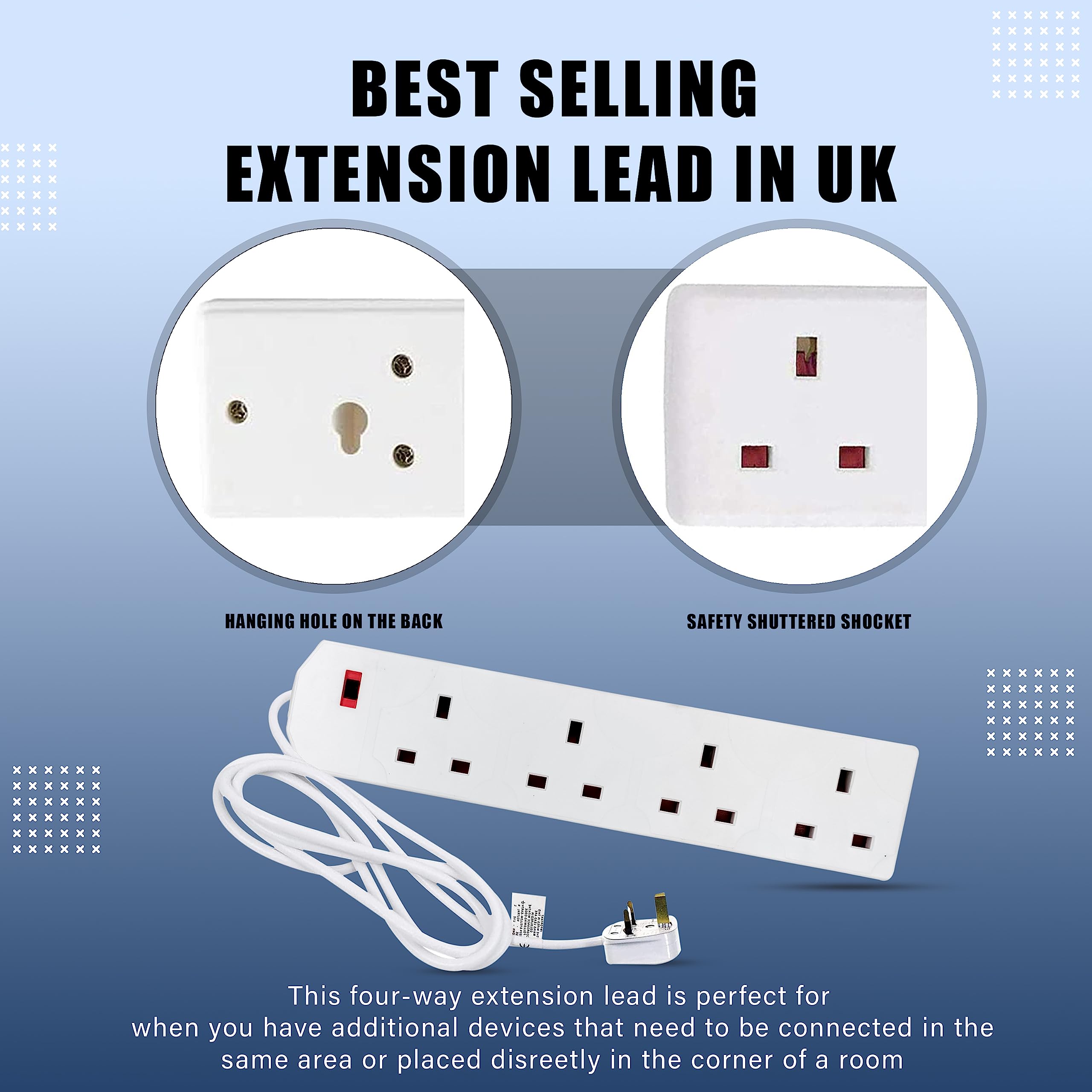 K-MART Heavy Duty Extension Lead UK Pin Plug and Cable, 4 Gang Way 2m Power Adapter, Multi Socket Mains Strip (White, 1 Pack)