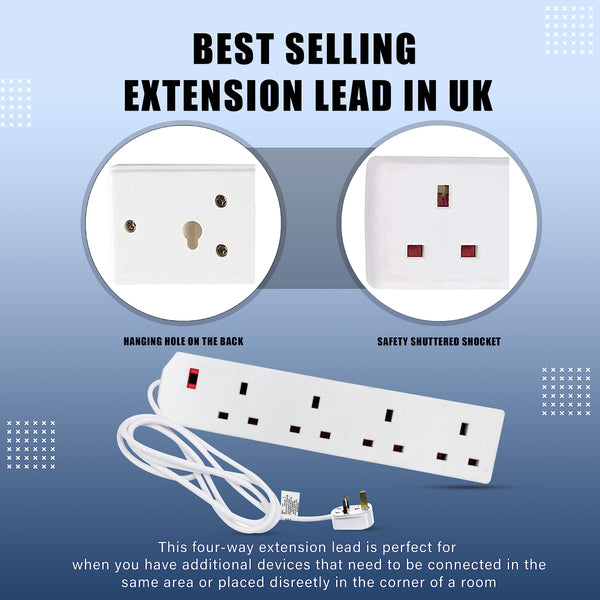 K-MART Heavy Duty Extension Lead UK Pin Plug and Cable, 4 Gang Way 2m Power Adapter, Multi Socket Mains Strip (White, 1 Pack)