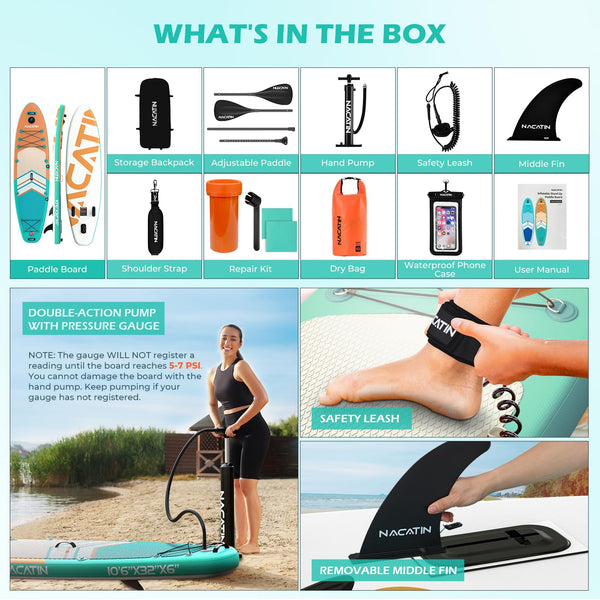 Paddle Boards for Adults, NACATIN Inflatable Stand Up Paddle Board with 10'6" SUP Paddleboard, Adjustable Paddle, Pump, Backpack, Dry Bag, Ideal for All Skill Levels (Optional Kayak Seat Available)