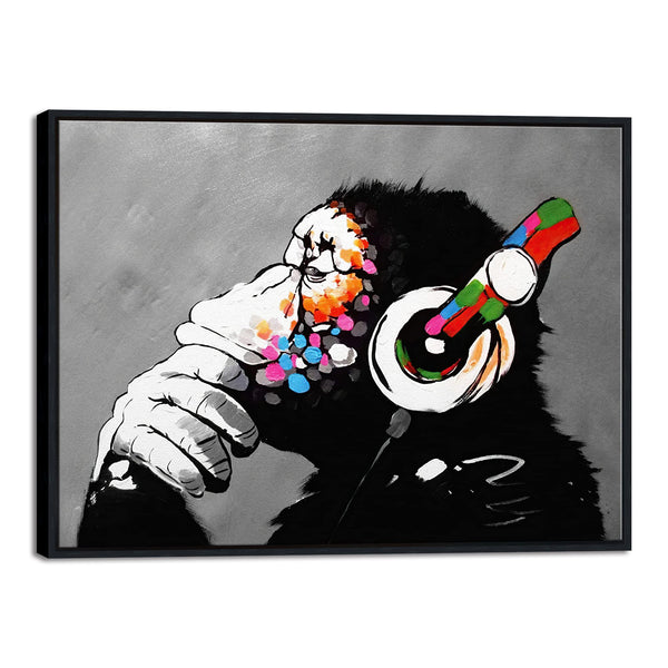 Wieco Art Black Framed Monkey With Headphones Banksy Graffiti Art Abstract Canvas Painting Posters and Prints Animal Canvas Wall Art for Wall Decor