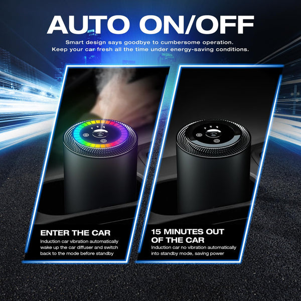SALUBRITO Smart Car Air Fresheners with Rhythmic Atmosphere Light, Car Aroma Diffuser with 50ml Cologne Perfume, Auto On/Off, Intelligent Induction Vibration, Battery Powered, 4 Month Supply, Black