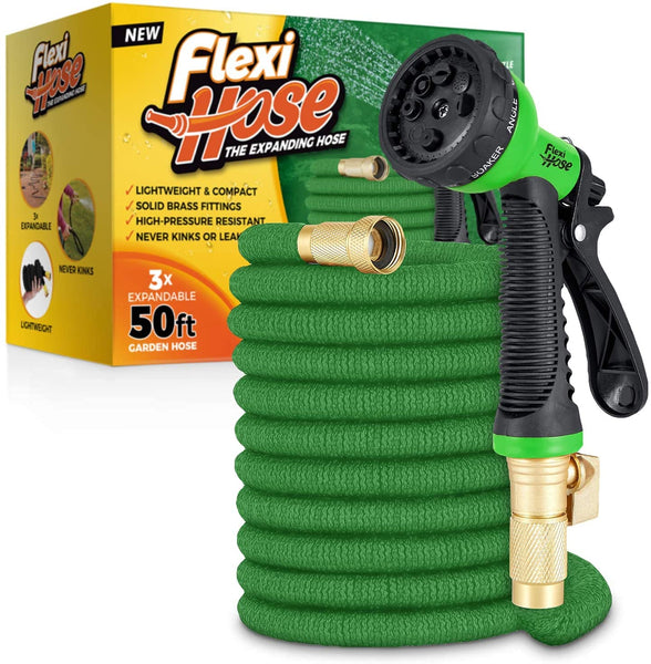 Flexi Hose Upgraded Expandable Garden Hose Pipe Including 8 Function Spray Gun Nozzle - Extra Strength with 2 cm Solid Brass Fittings - No-Kink Flexible Garden Hoses (Orange/Black 15 Metres)