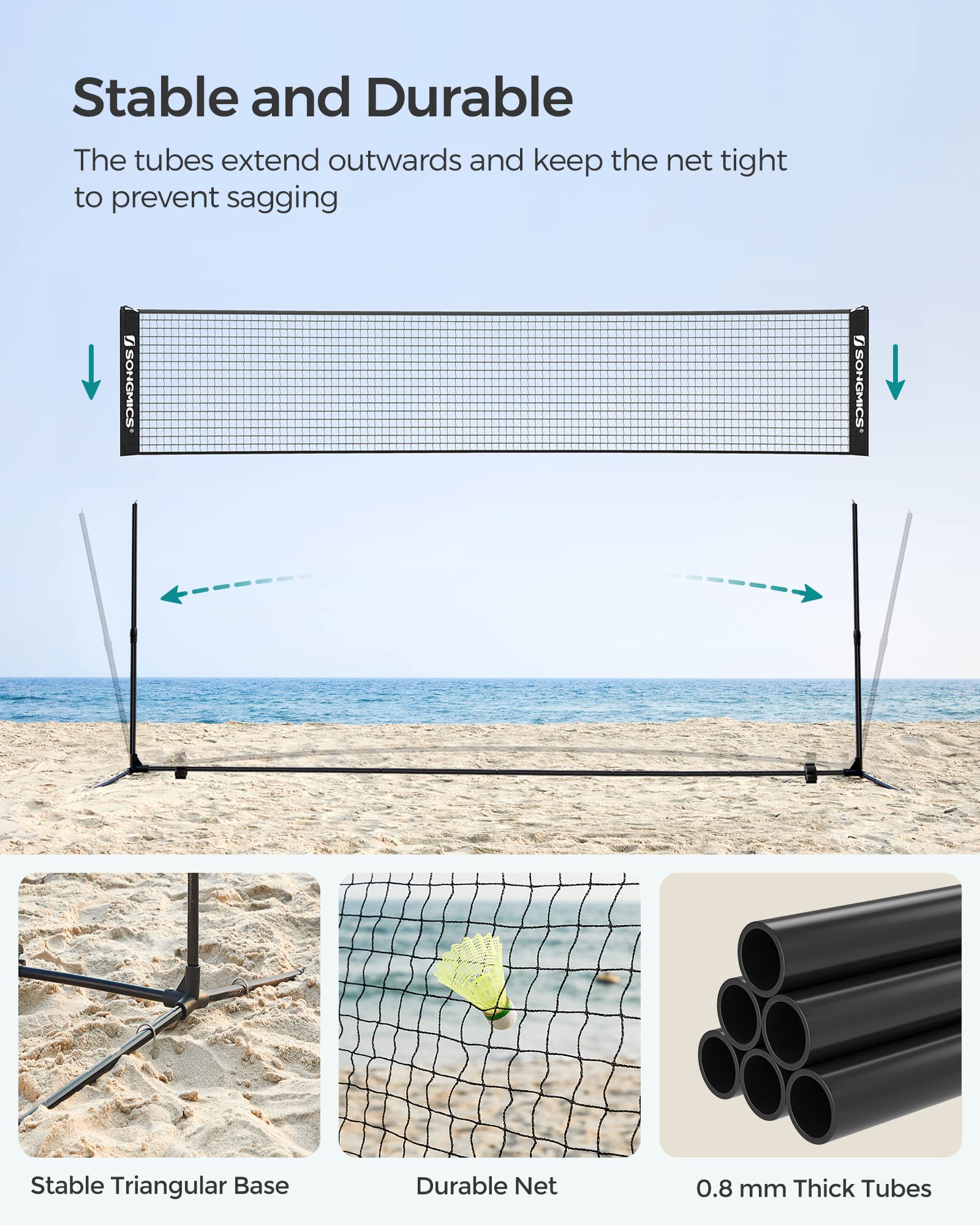 SONGMICS 3 m Badminton Net, Volleyball Net, Adjustable Poles Height, Portable Set for Tennis