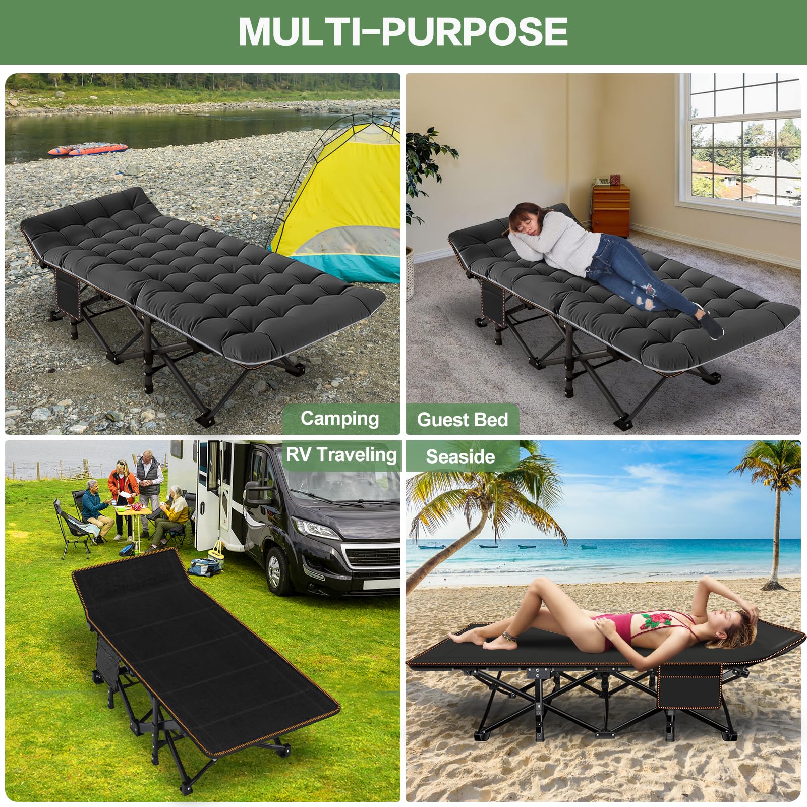 Meulbaty Oversized Folding Camp Bed with Mattress - 46cm Wide, 400KG Heavy Duty Steel Frame and Oxford Cloth, 198x81x46 cm Camping Cot, Great for Adults, Garden and Trip (XXL Black)