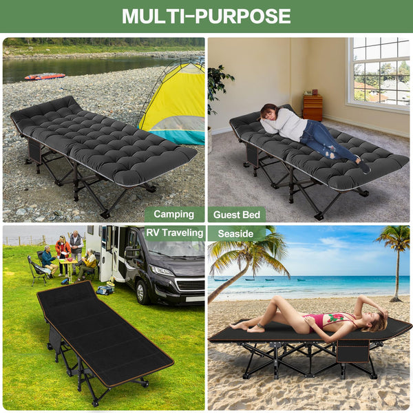 Meulbaty Oversized Folding Camp Bed with Mattress - 46cm Wide, 400KG Heavy Duty Steel Frame and Oxford Cloth, 198x81x46 cm Camping Cot, Great for Adults, Garden and Trip (XXL Black)