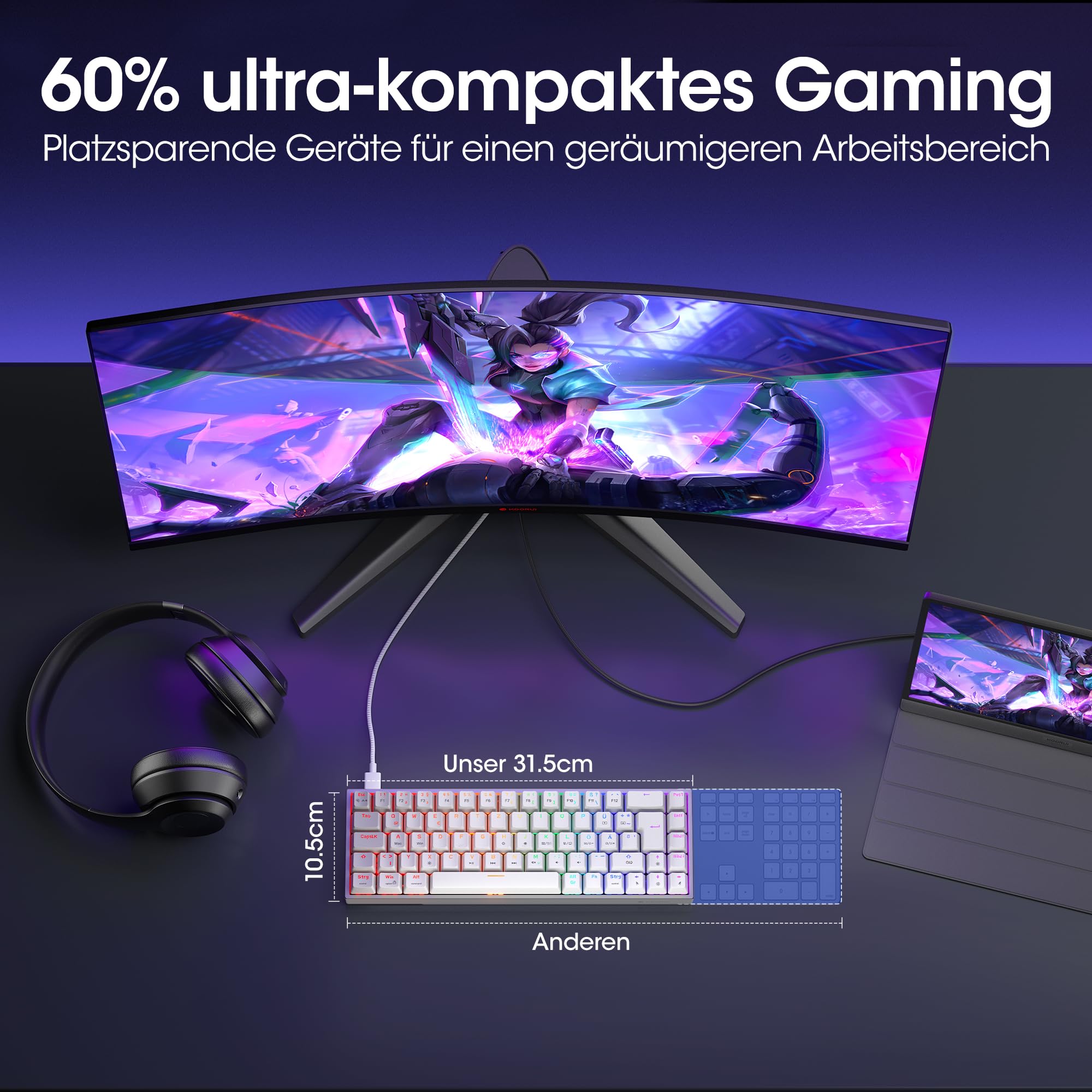 KOORUI 60% Mechanical Gaming Keyboard, Mixed Colors LED Backlit Ultra-Compact 69 Keys, Mini Wired Keyboard with Blue Switch for Windows Laptop PC/Mac OS/Xbox-BLACK(Blue Switch)