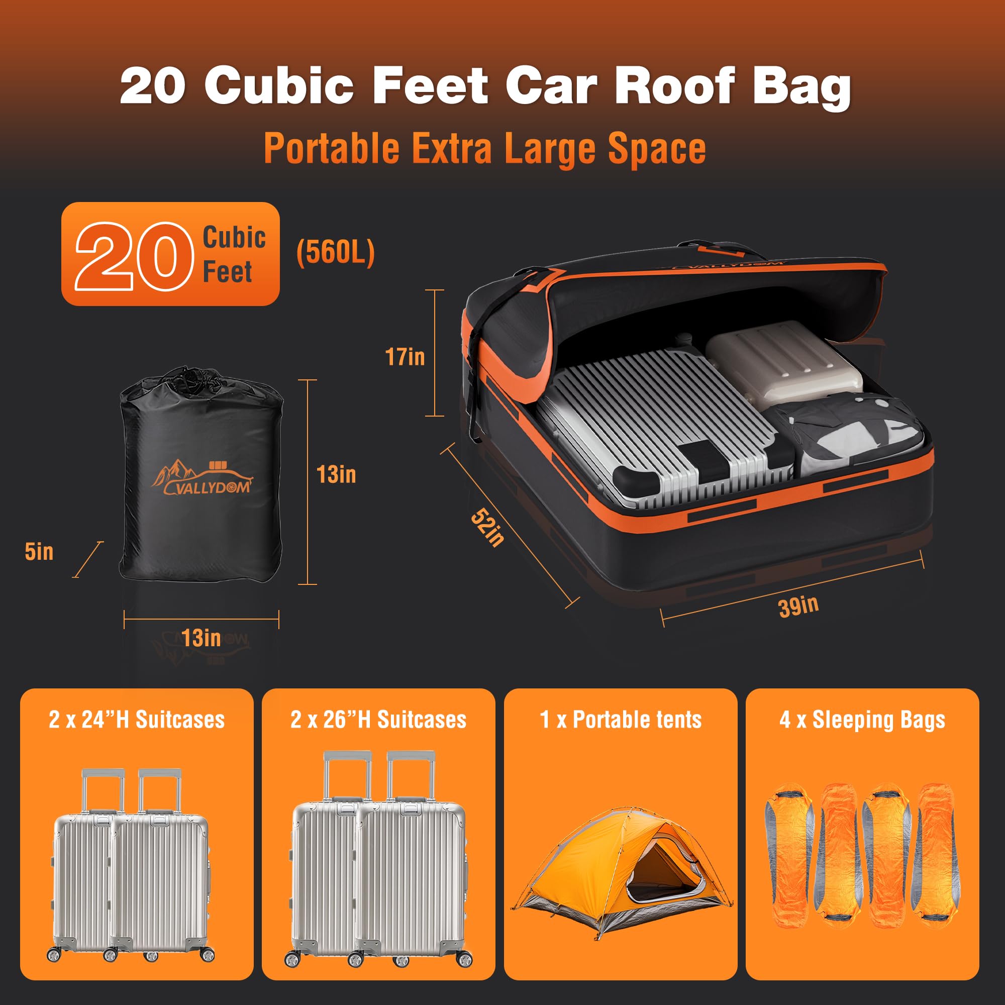 VALLYDOM Car Roof Bag 20 Cubic/560 L, 1680D PVC Waterproof Roof Bag No Need Rack, Roof Box with Anti Slip Pad, 6 Heavy-Duty Straps and Password Lock, Folding Soft Roof Bag for Cars with/Without Rack