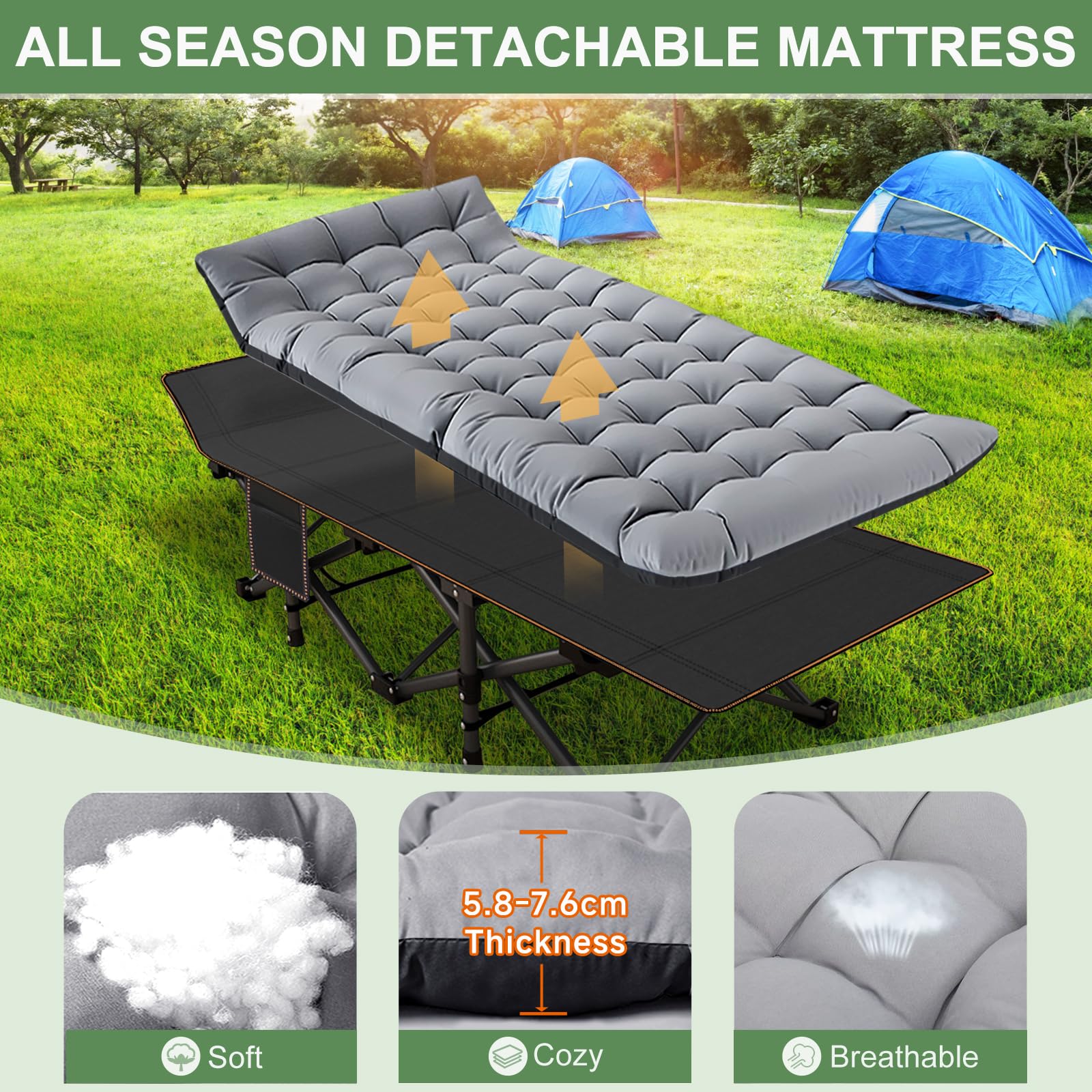 Meulbaty Oversized Folding Camp Bed with Mattress - 46cm Wide, 400KG Heavy Duty Steel Frame and Oxford Cloth, 198x81x46 cm Camping Cot, Great for Adults, Garden and Trip (XXL Black)
