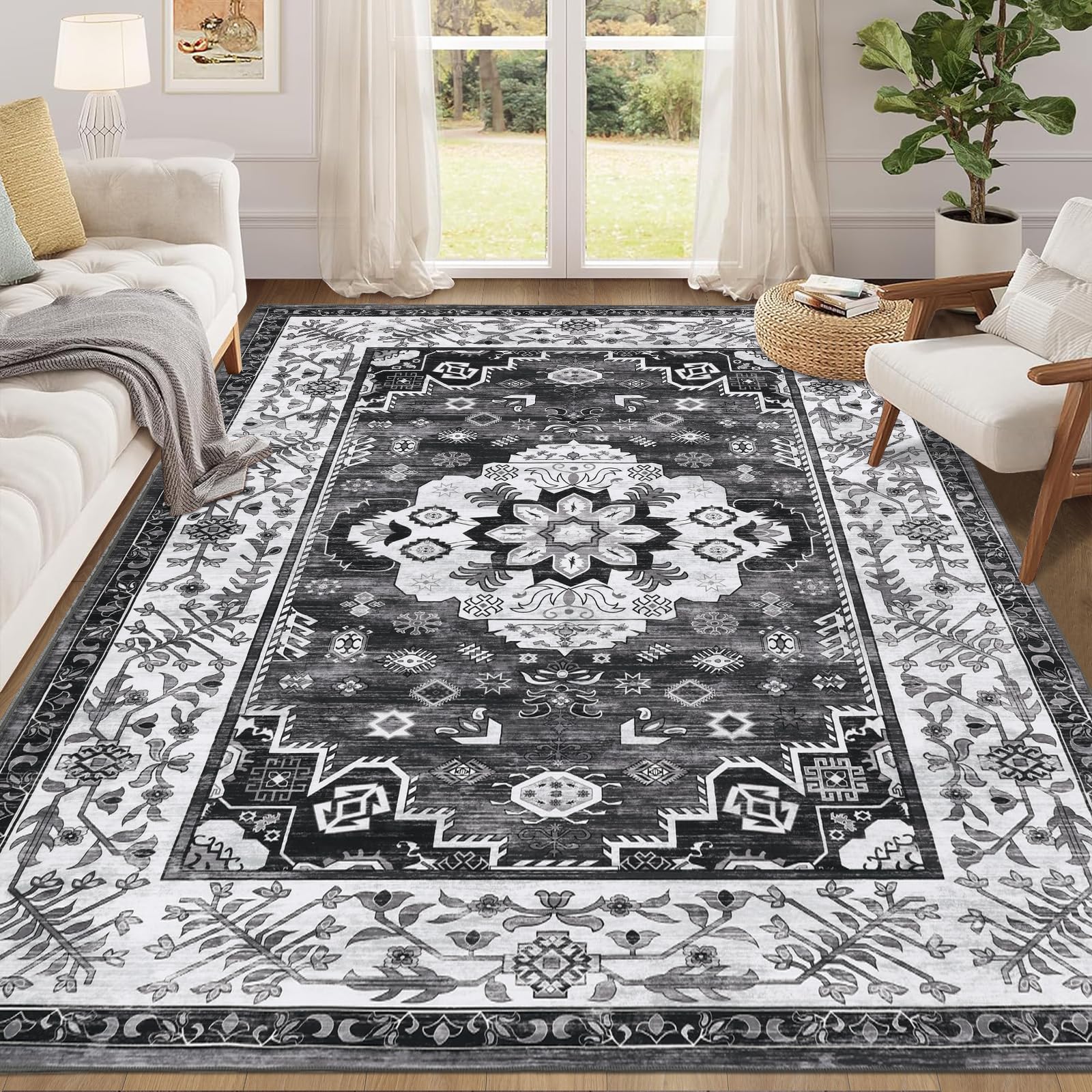 Enyhom Vintage Living Room Rug, 160 x 230cm Large Shaggy Soft Bedroom Area Carpet Rug Non Slip Short Pile Floor Mat Washable Distressed Kitchen Area