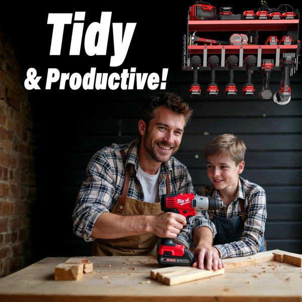 Toolganize Power Tool Organiser, Storage Rack with Power Strip Charging Station, Heavy-Duty for Workshop & Garage Tools - 4 Slot, Milwaukee Red.