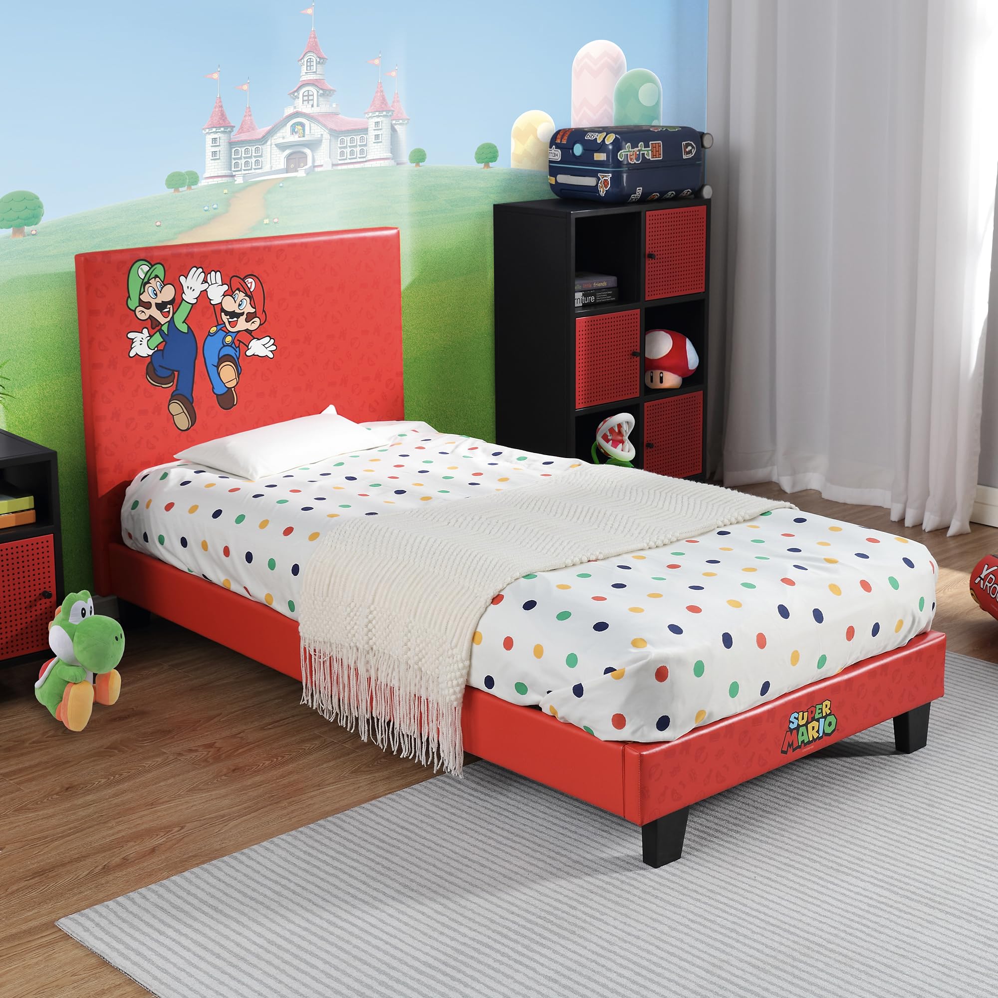 X-Rocker Official Nintendo Super Mario Gaming Bed for Kids, 3ft Single Bedstead Frame, Wooden Slats, PU Faux Leather Upholstered Headboard, Mario & Luigi, Kids Bedroom for Gamers 90x190cm - RED