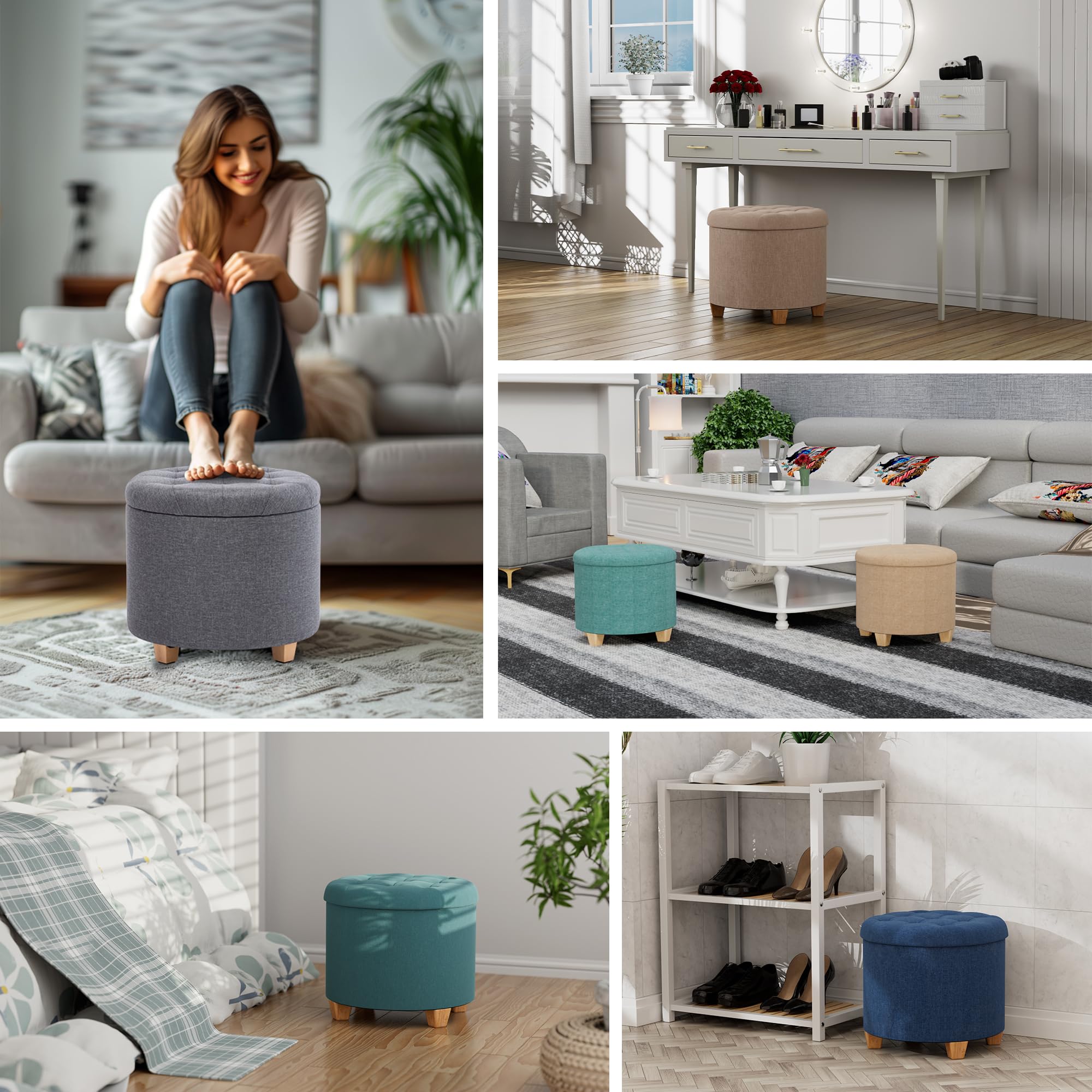 HNNHOME 45cm Round Linen Padded Seat Ottoman Storage Stool Box, Footstool Pouffes Chair with Lids (Pearl River)