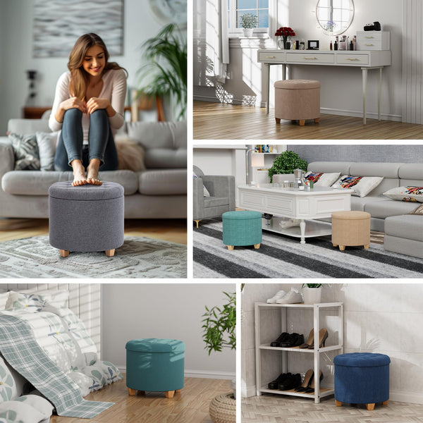 HNNHOME 45cm Round Linen Padded Seat Ottoman Storage Stool Box, Footstool Pouffes Chair with Lids (Pearl River)