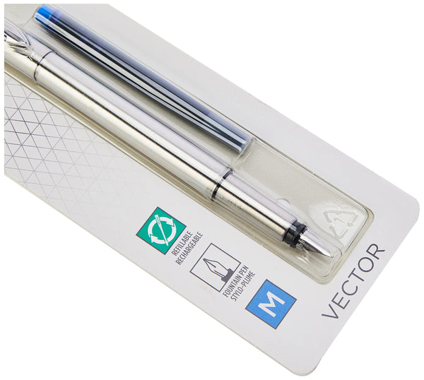 Parker Vector Fountain Pen | Black with Chrome Trim | Medium Nib | Blue Ink | Hangtab