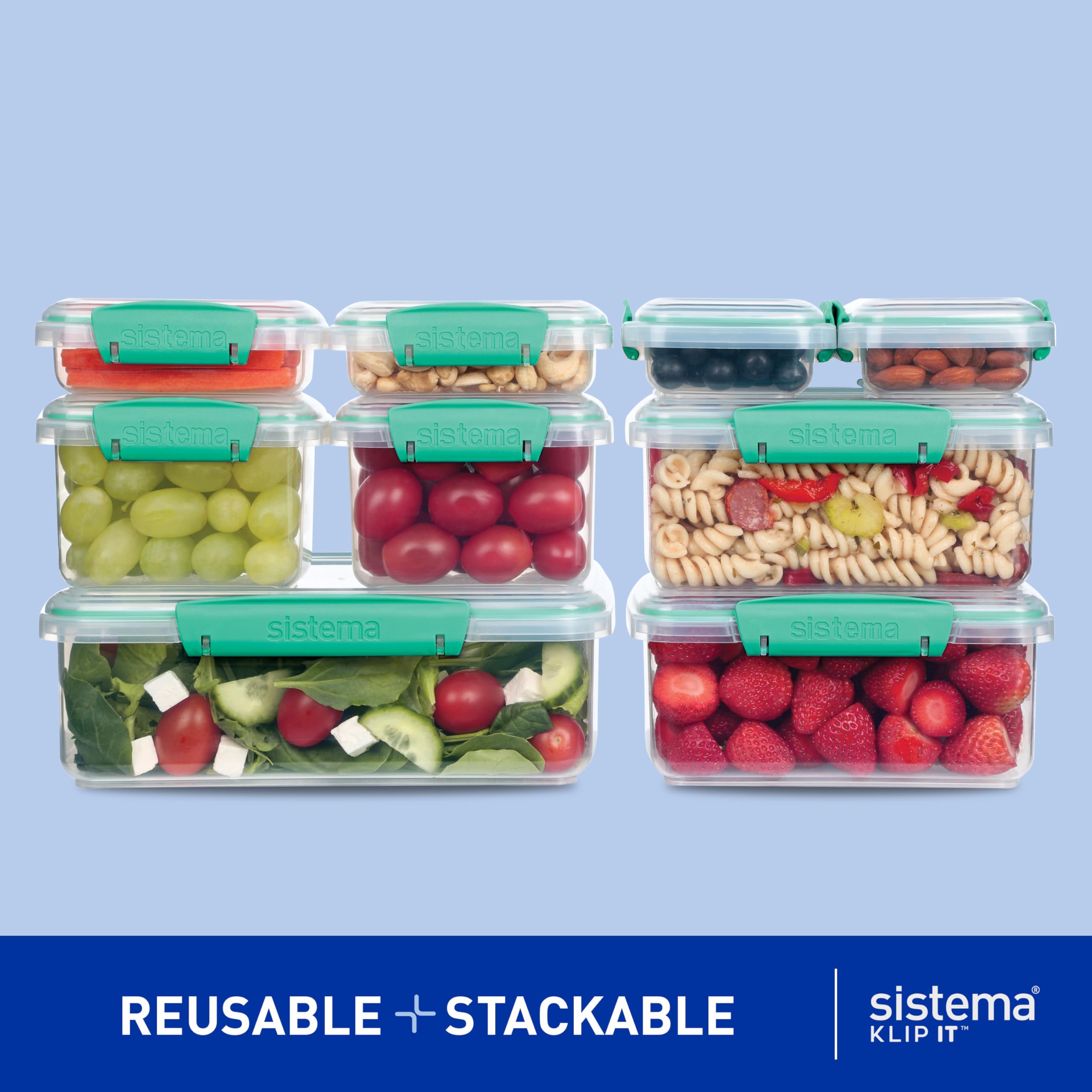 Sistema KLIP IT Food Storage Containers | Airtight & Stackable Meal Prep Containers with Lids | School Lunch Boxes & Snack Boxes | BPA-Free | 18 Count