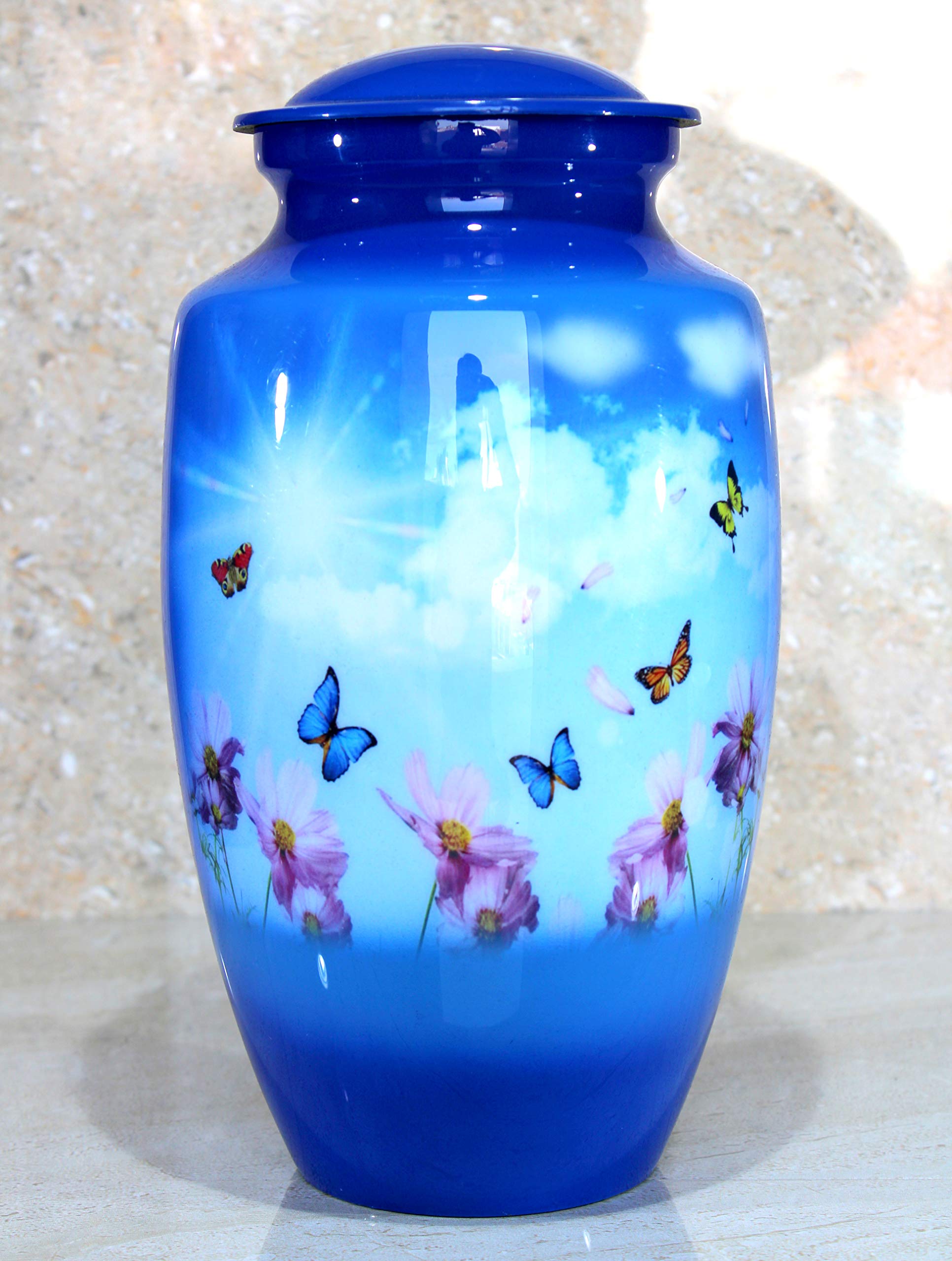 eSplanade Metal Cremation Urn Memorial Jar Pot Container | Full Size Urn for Funeral Ashes Burial | Colorful Butterflies Print | Blue - 10" Inches