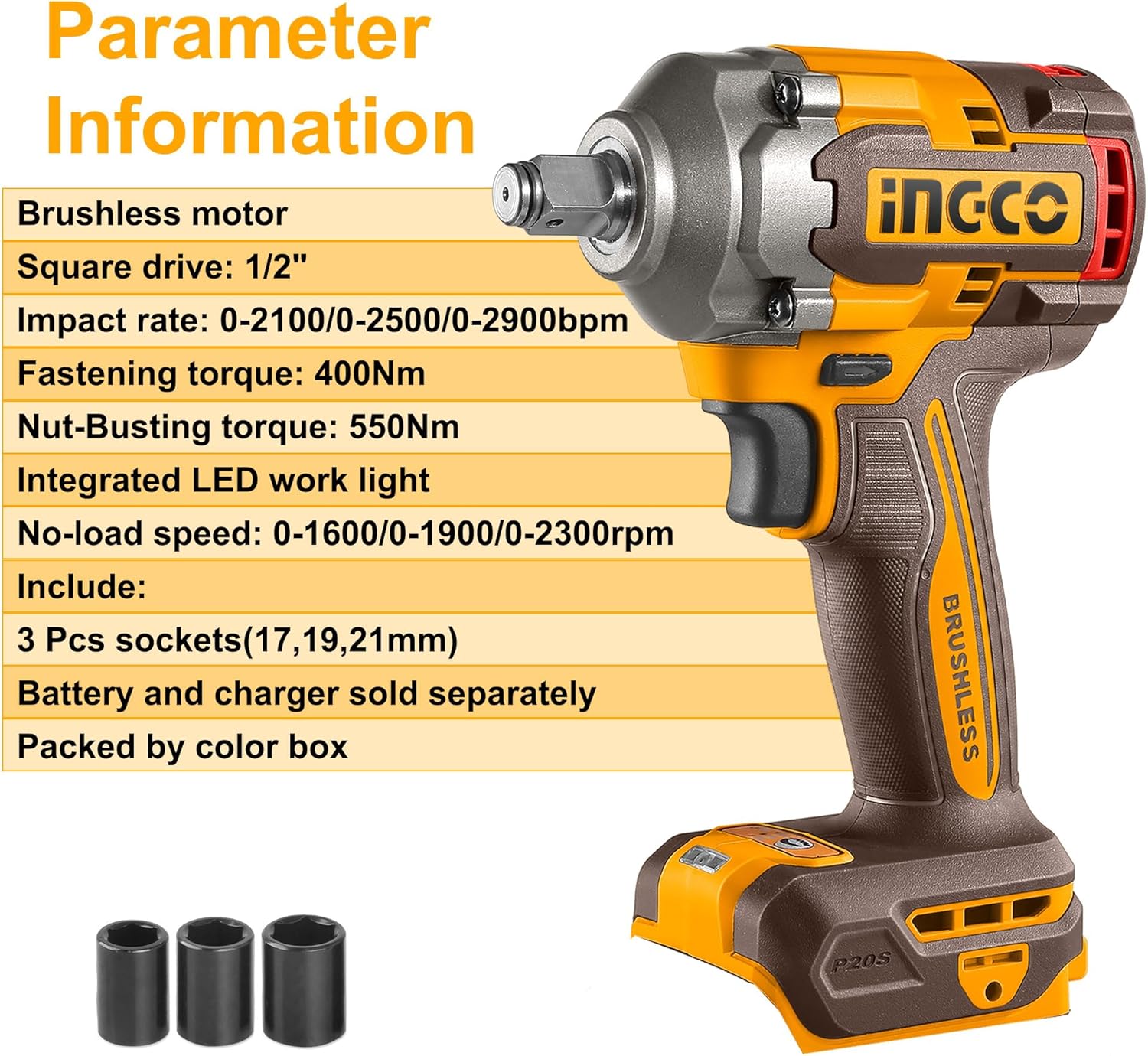 Ingco Cordless Impact Wrench 400NM (Body Only) 1/2 Inch 20V Brushless Electric Impact Gun with 3Pcs Sockets (17/19/21mm) CIWLI20401