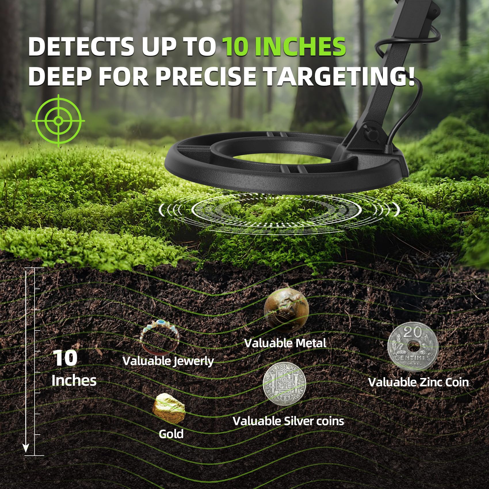 GreenRex Metal Detector for Adults Professional, Waterproof Pinpoint, High Accuracy Gold and Silver Detection, Underwater and Beach Use, 10'' IP68 Coil, Bigger LCD, New Advanced DSP Chip