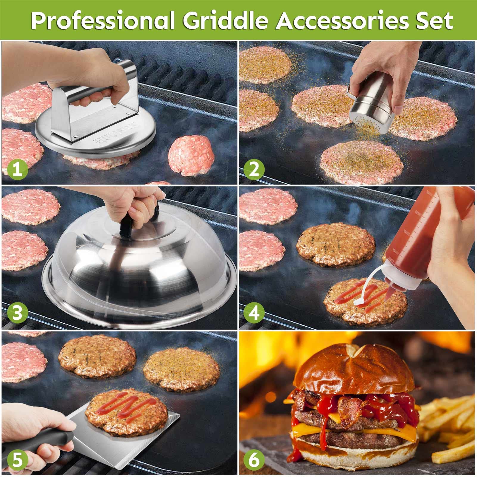 HULISEN Smashed Burger Kit, Burger Press with Edge, 12 Inch Basting Cover, Grill Spatula, Spice Dredge Shaker and 2 Squeeze Bottles - Griddle
