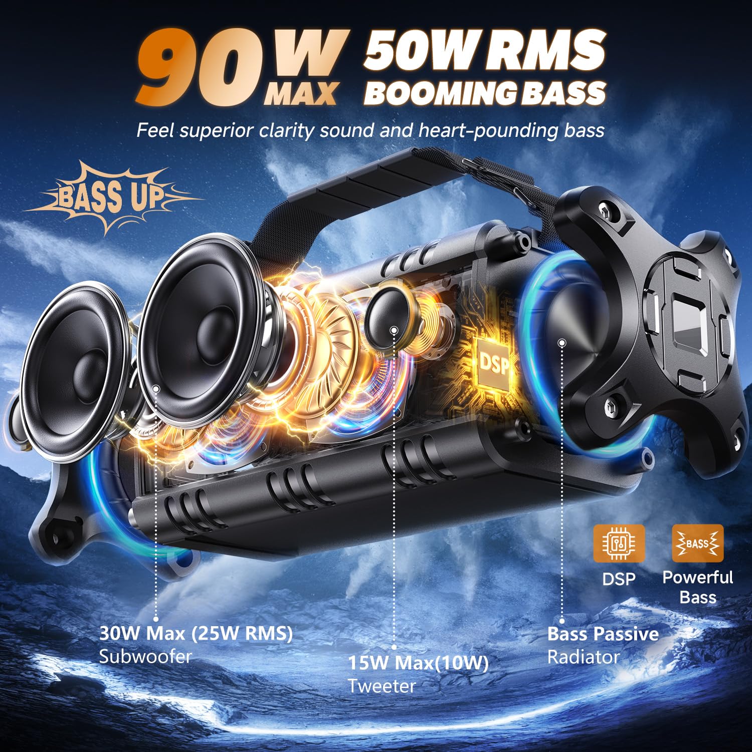 W-KING 90W Max Bluetooth Speaker, IPX6 Waterproof Portable Speakers Wireless Bluetooth, 50W Deep Bass Loud Outdoor Speaker with 40H Playtime/Stereo Pairing/TF Card/AUX/NFC for Home Party,Camping,Beach