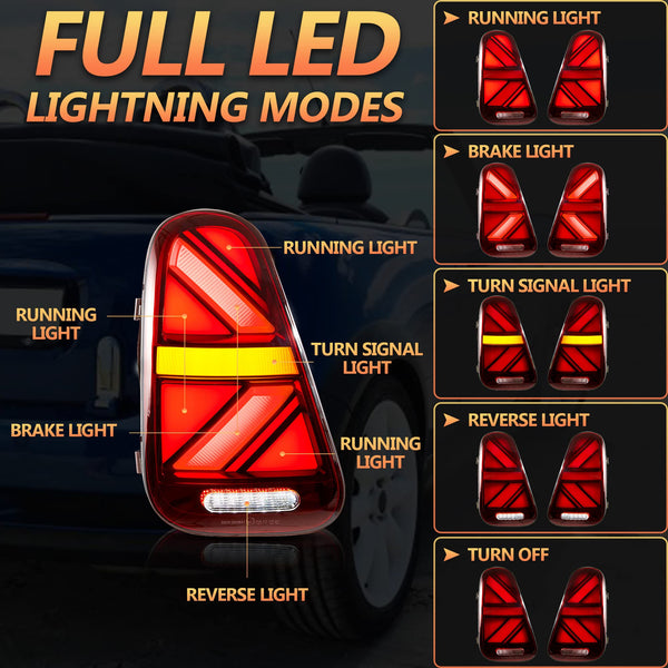 VLAND LED Rear Lights Compatible with Mini Cooper R50 R52 R53 2001-2006 1st Gen Hatch/Convertible, Union Jack Tail Lights w/Startup Dynamic Display & Sequential Indicator, 1 Set (Red)