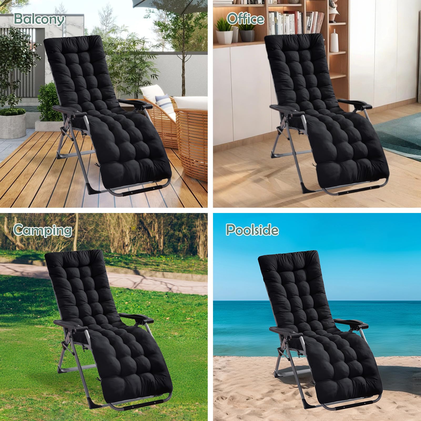 High Back Sun Lounger Replacement Cushion: 170x53 cm Padded Soft Non Slip Ties Outdoor Indoor Use for Reclining Garden Chair Patio Beach Porch Furniture