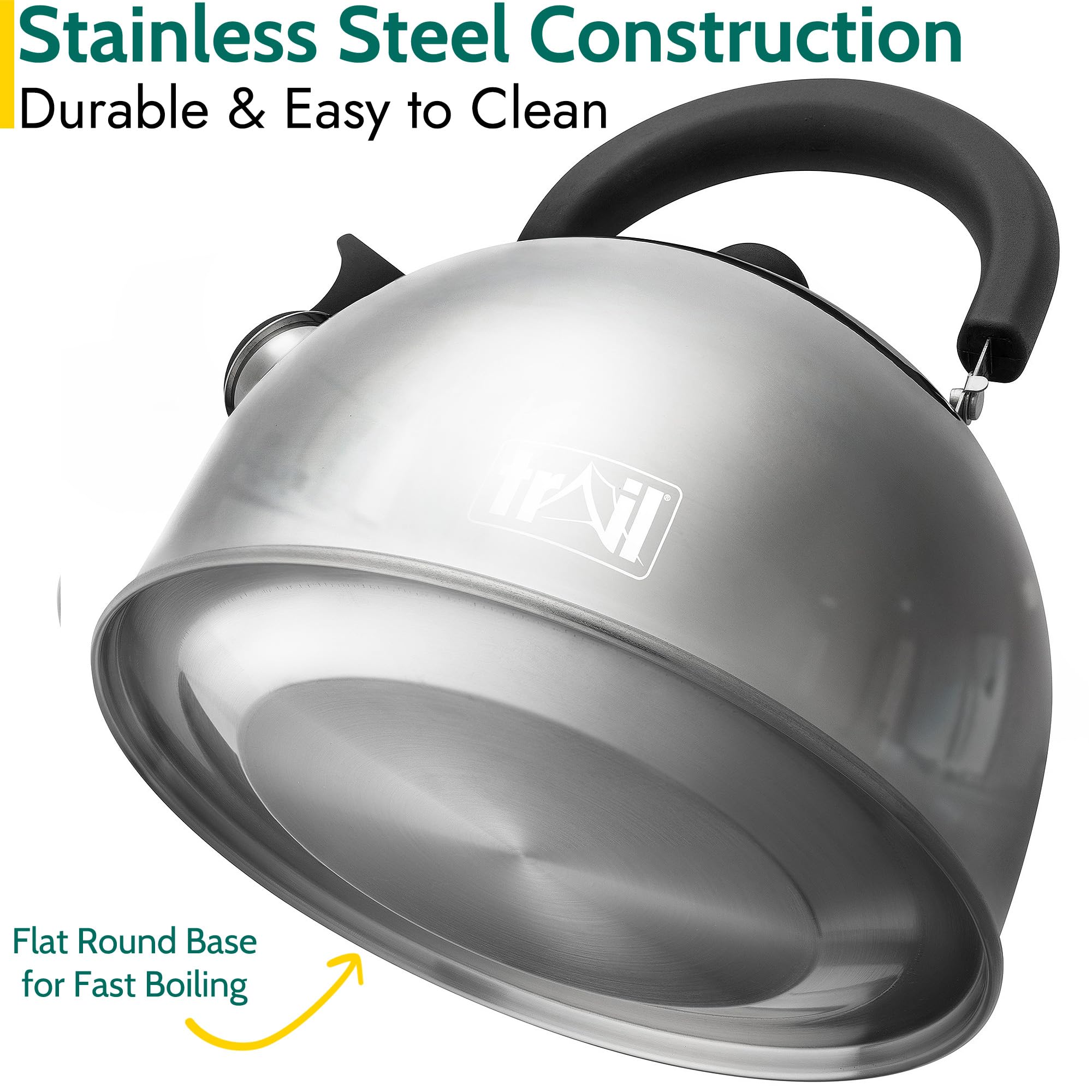 Trail 2L Whistling Camping Kettle, Polished Stainless Steel, Durable & Lightweight, Easy Pour Spout, Folding Heat Resistant Handle, Fast Boil Travel Kettle, Outdoor Fishing Hiking, 15cm x 18cm, 0.42kg