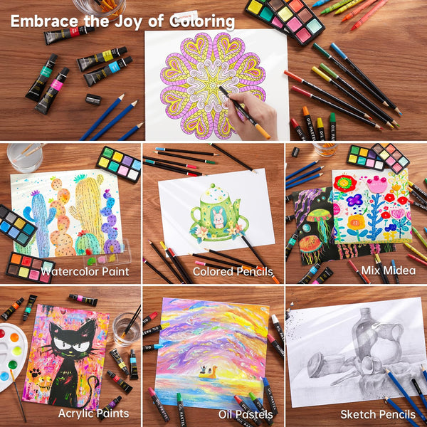 Shuttle Art 186 Piece Deluxe Art Set, Art Supplies in Wooden Case, Painting Drawing Art Kit with Acrylic Paint Pencils Oil Pastels Watercolour Cakes