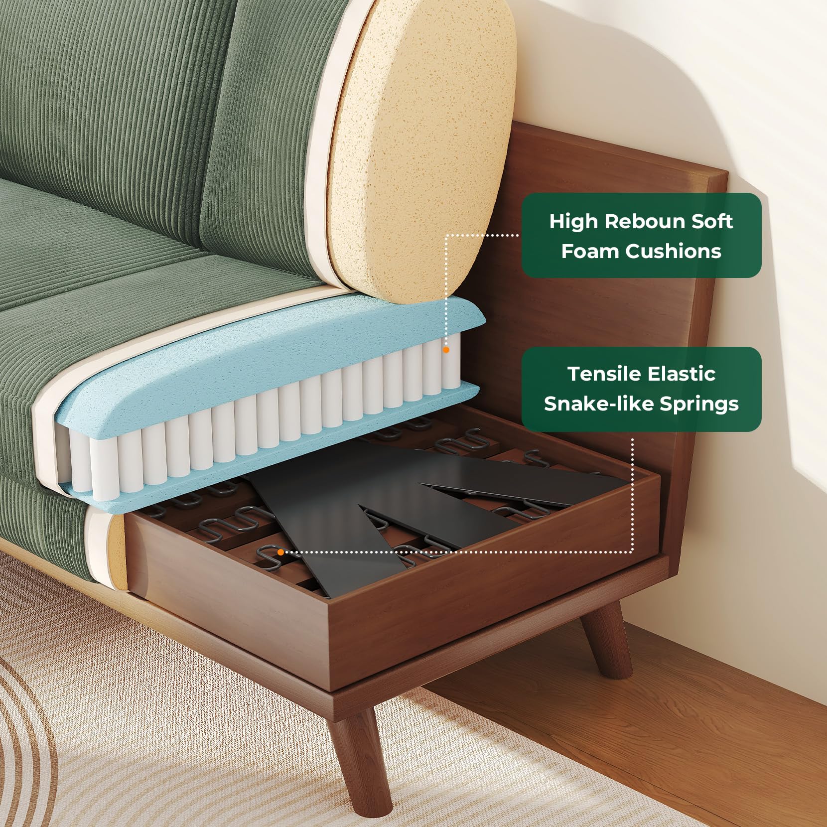 Vesgantti 172cm Loveseat Sofa Green, Comfy Corduroy Couch with Spring Cushion, 2 Seater Sofa with Solid Wood, Sofa Couch with Deep Seat, Sofa for Bedroom, Loveseat for Living Room, Green Office Couch