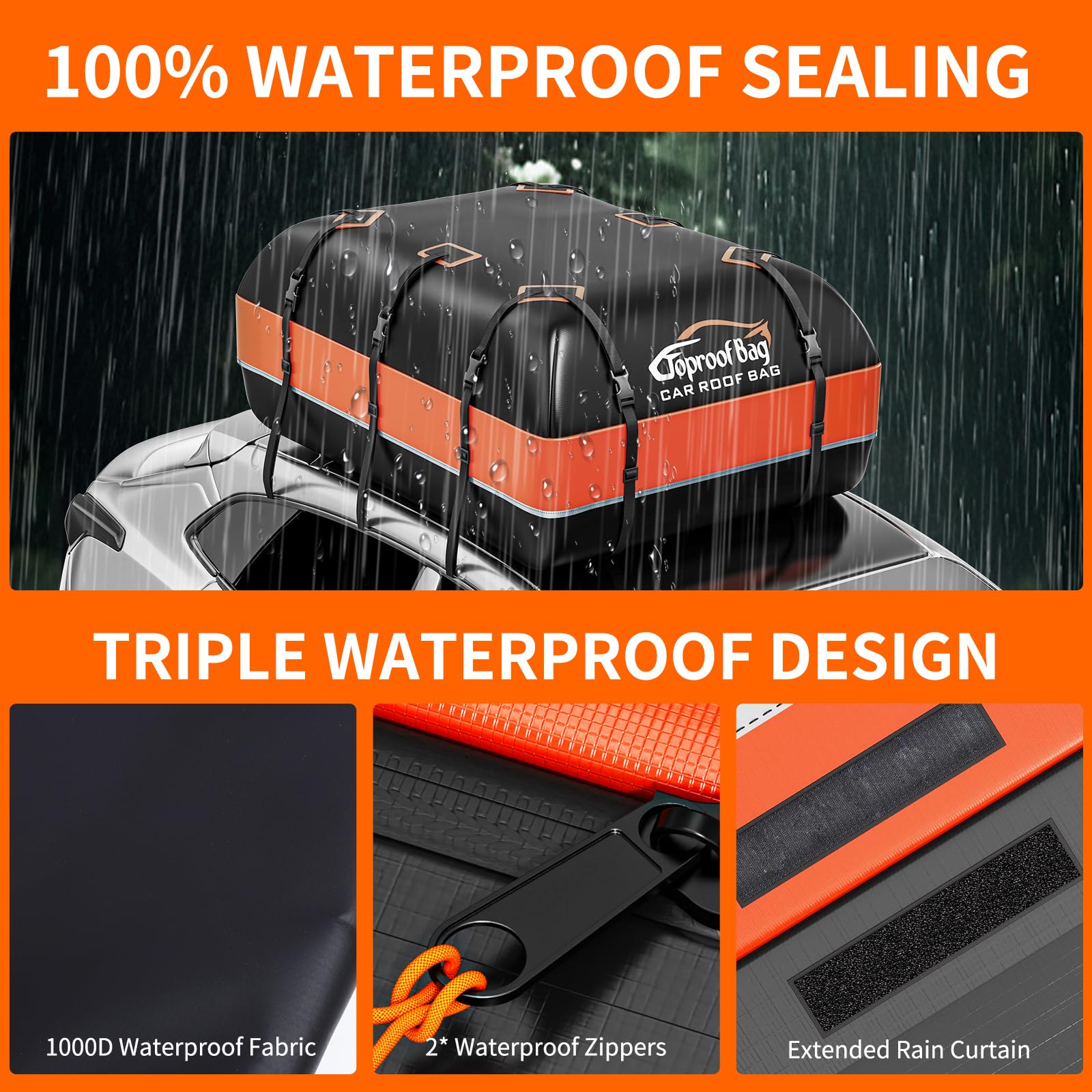 Car Roof Box, 21 Cubic Feet Roof Bag, 1000D Waterproof Heavy Duty Tear-Resistant Fabric, Rooftop Cargo Carrier for All Vehicle with/without Racks, Included Luggage lock, Anti-Slip Mat, 6 Door Hooks.