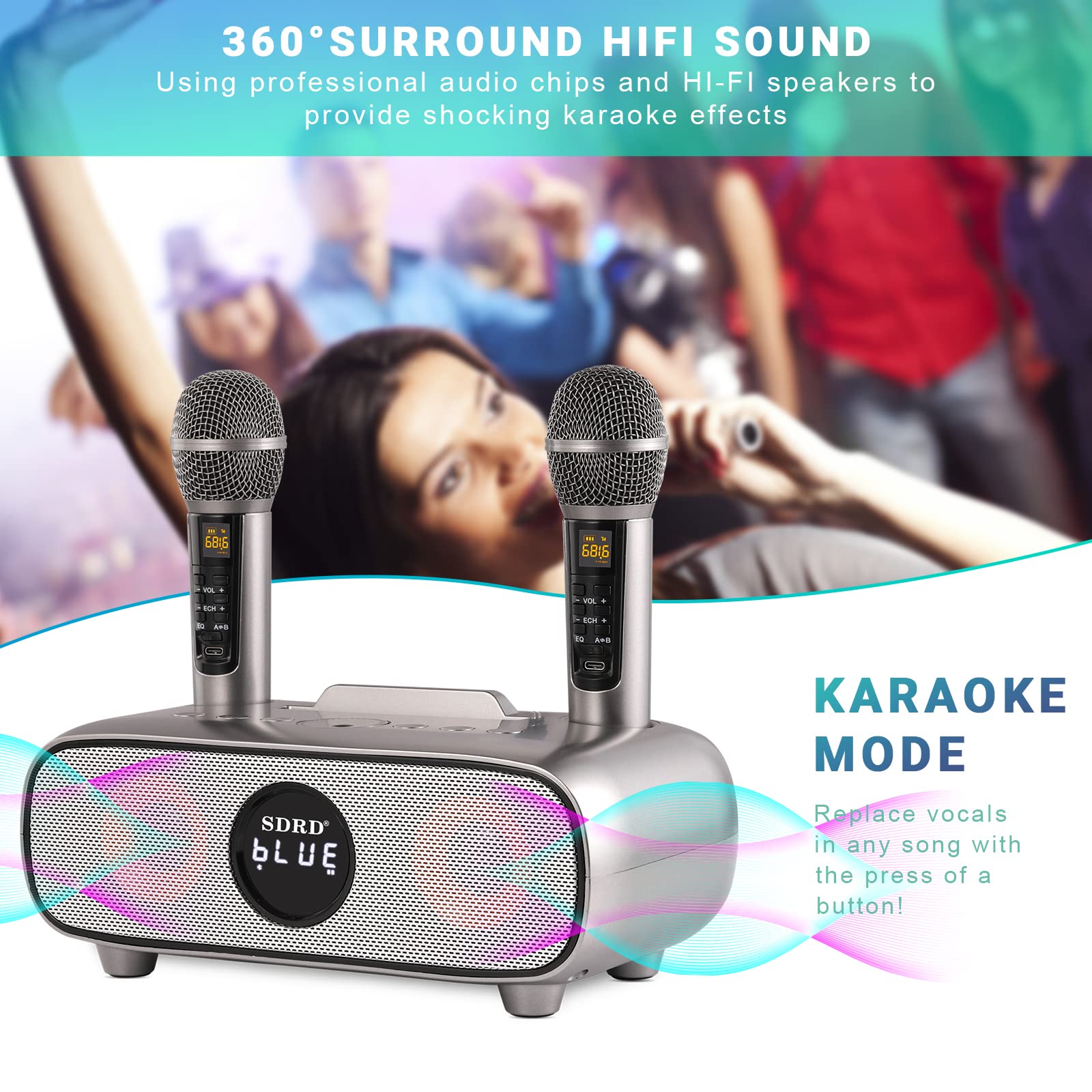 Upgrade Karaoke Machine for Adults and Kids,Portable Bluetooth 2 UHF Wireless Karaoke Microphone with Holder/USB/TF Card/AUX-in,PA Speaker System for Home Party, Picnic,Car,Outdoor/Indoor-Grey