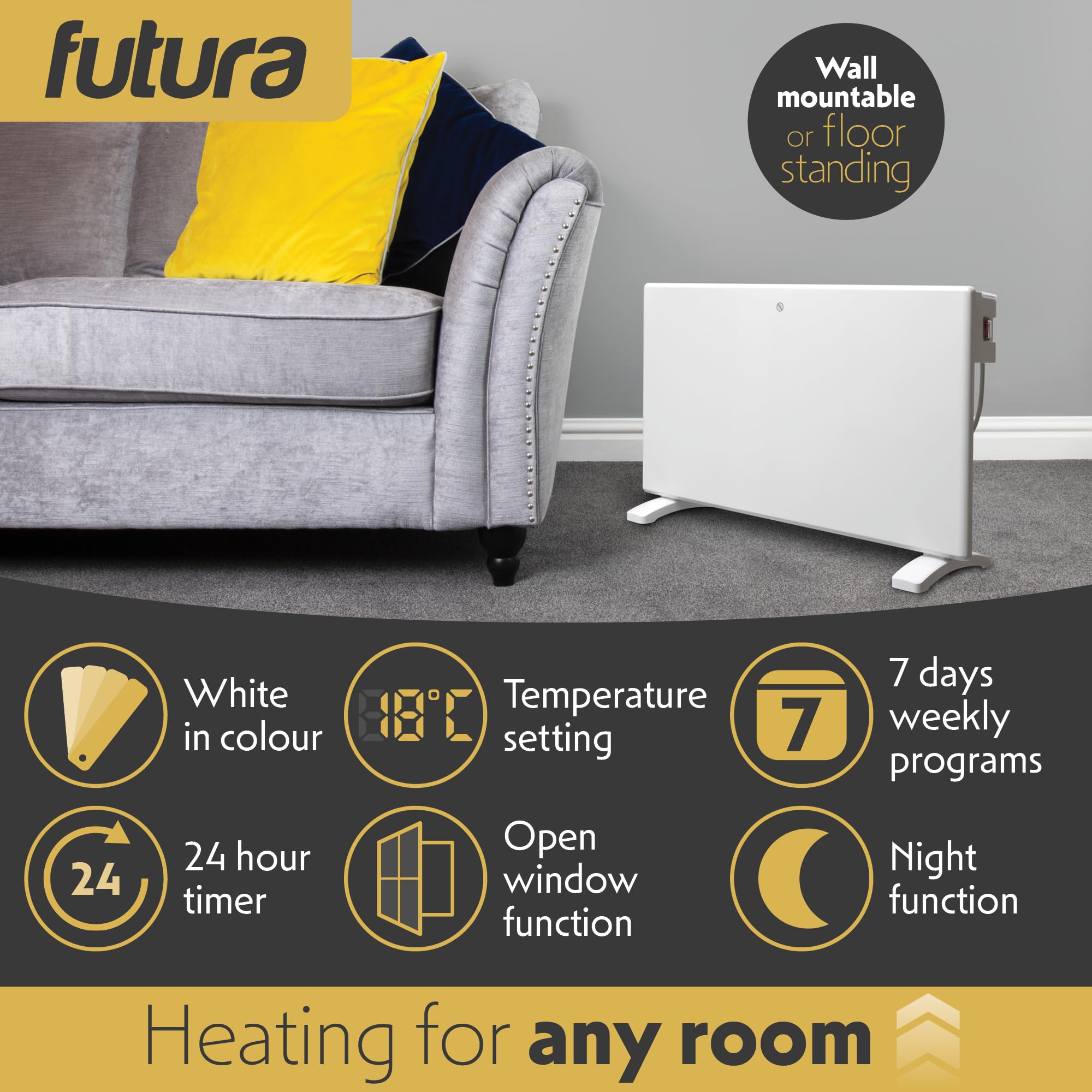 Futura 2000W Grey Electric Radiator Heaters for Home, Bathroom Safe Electric Heater Setback Timer Lot 20 & Advanced Thermostat Control Wall Mounted or Floor Standing Low Energy Panel Heater