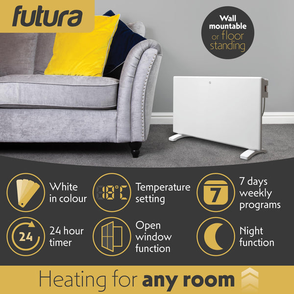 Futura 2000W Grey Electric Radiator Heaters for Home, Bathroom Safe Electric Heater Setback Timer Lot 20 & Advanced Thermostat Control Wall Mounted or Floor Standing Low Energy Panel Heater