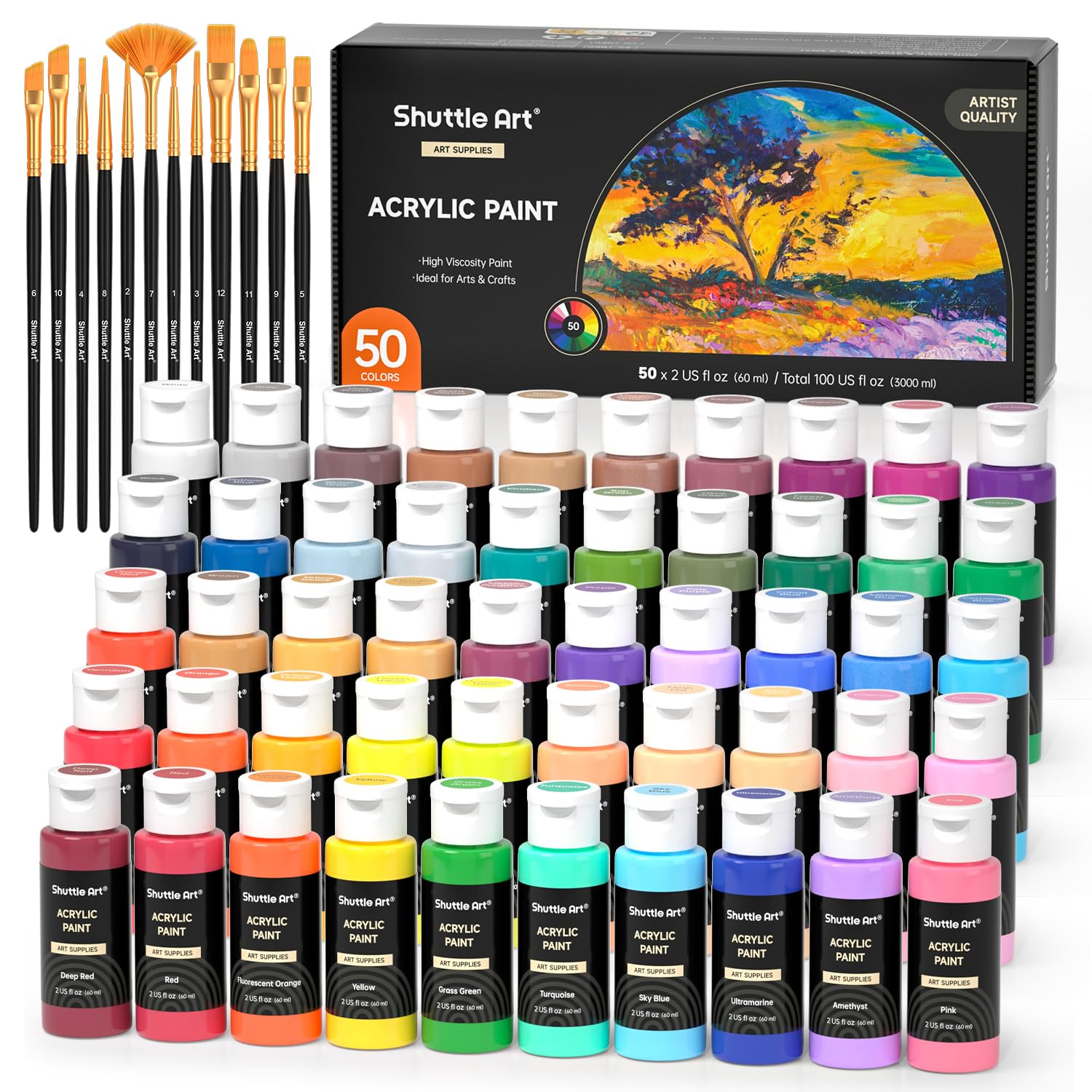 Shuttle Art Acrylic Paint, 50 Colours 2oz/60ml Acrylic Paints Set with 10 Brushes, Water-proof, Premium Acrylic Paints for Artists, Beginners and Kids
