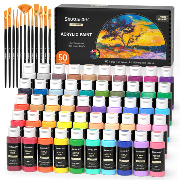 Shuttle Art Acrylic Paint, 50 Colours 2oz/60ml Acrylic Paints Set with 10 Brushes, Water-proof, Premium Acrylic Paints for Artists, Beginners and Kids