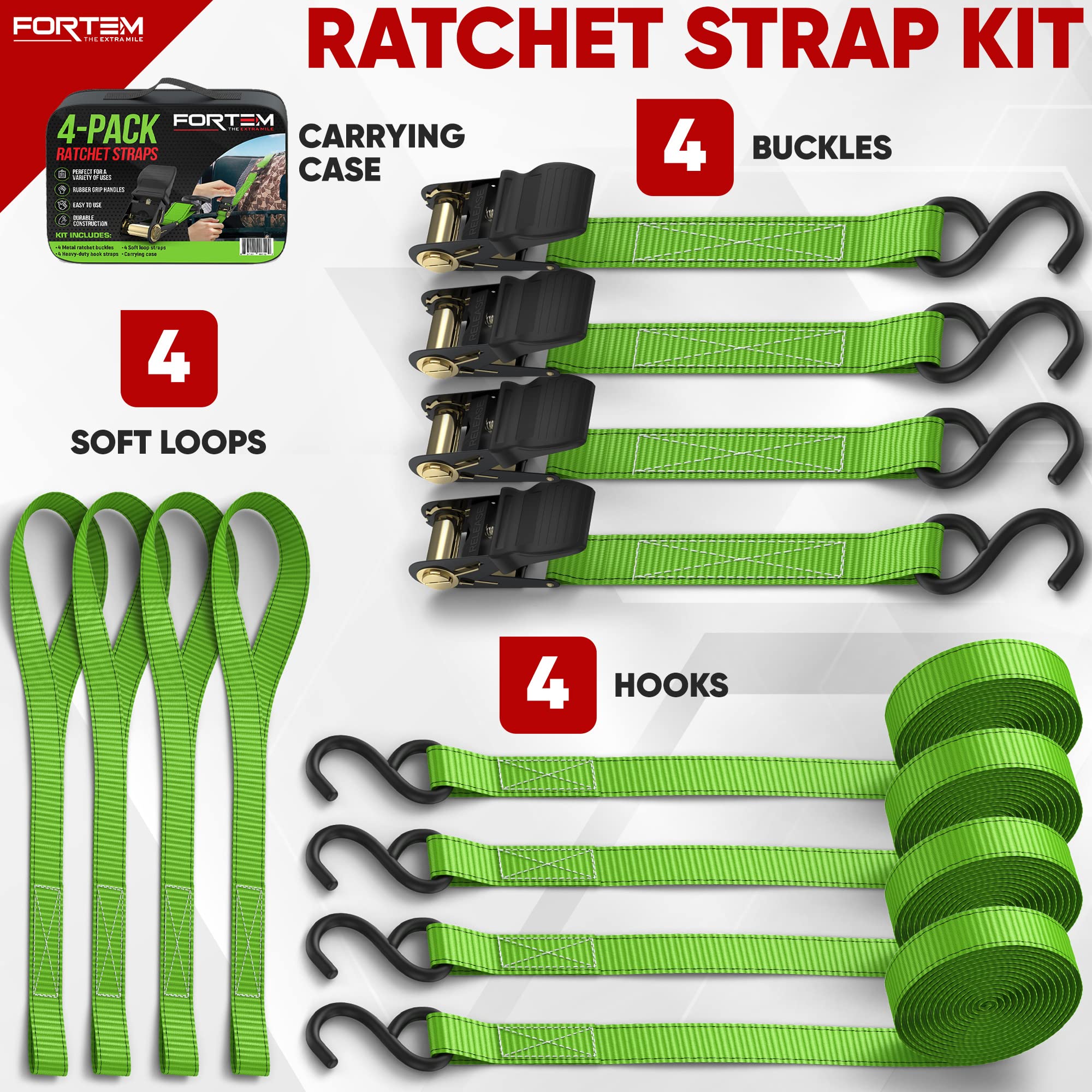 FORTEM Ratchet Straps, 748kg Break Strength, 4 Pack 4.6m x 2.54cm Tie Down Strap Set, 4 Soft Loops, Motorcycle Straps Tie Downs, Cargo Cam Buckles, Rubber Handles, Carry Bag