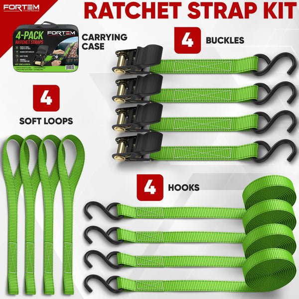 FORTEM Ratchet Straps, 748kg Break Strength, 4 Pack 4.6m x 2.54cm Tie Down Strap Set, 4 Soft Loops, Motorcycle Straps Tie Downs, Cargo Cam Buckles, Rubber Handles, Carry Bag