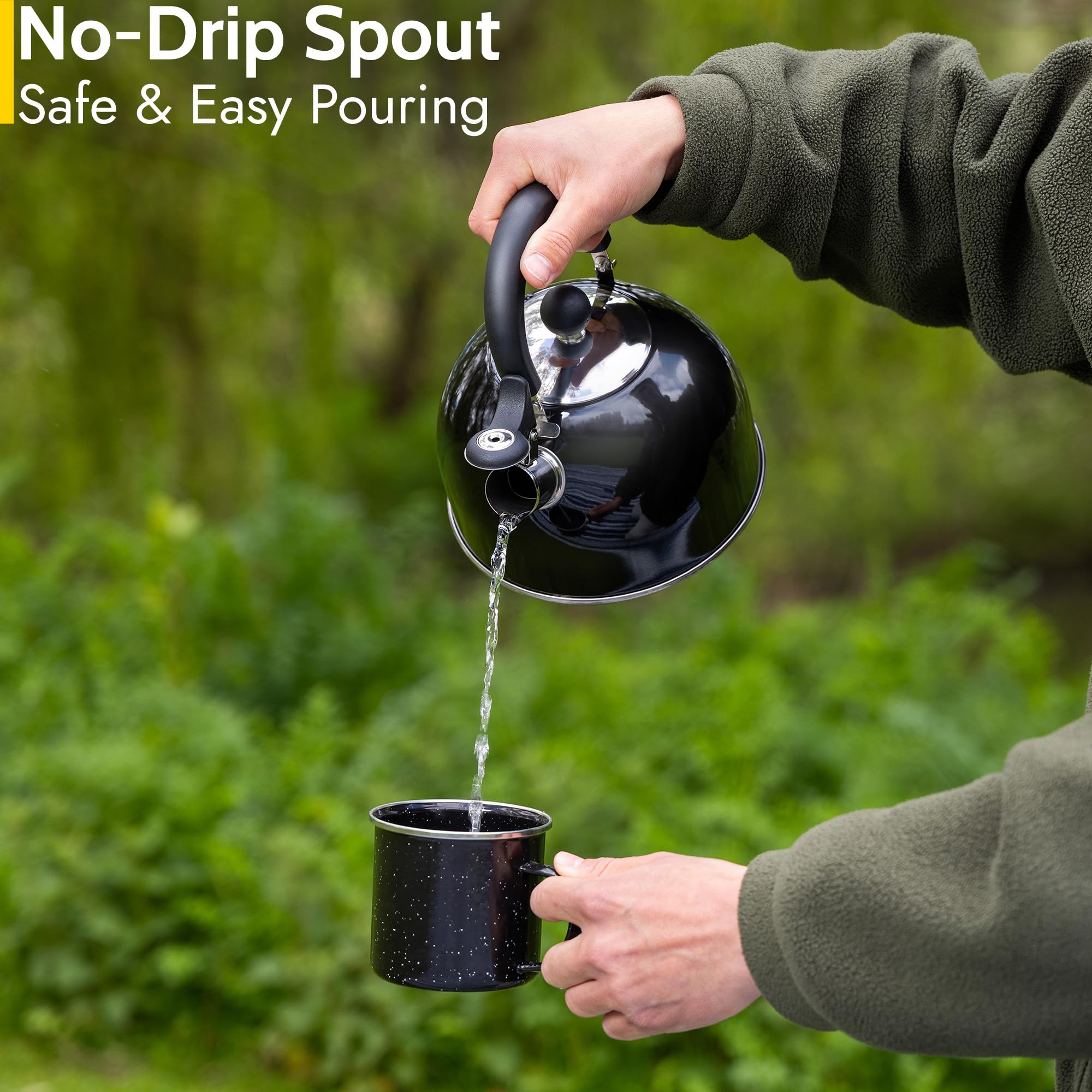 Trail 2L Whistling Camping Kettle, Polished Stainless Steel, Durable & Lightweight, Easy Pour Spout, Folding Heat Resistant Handle, Fast Boil Travel Kettle, Outdoor Fishing Hiking, 15cm x 18cm, 0.42kg